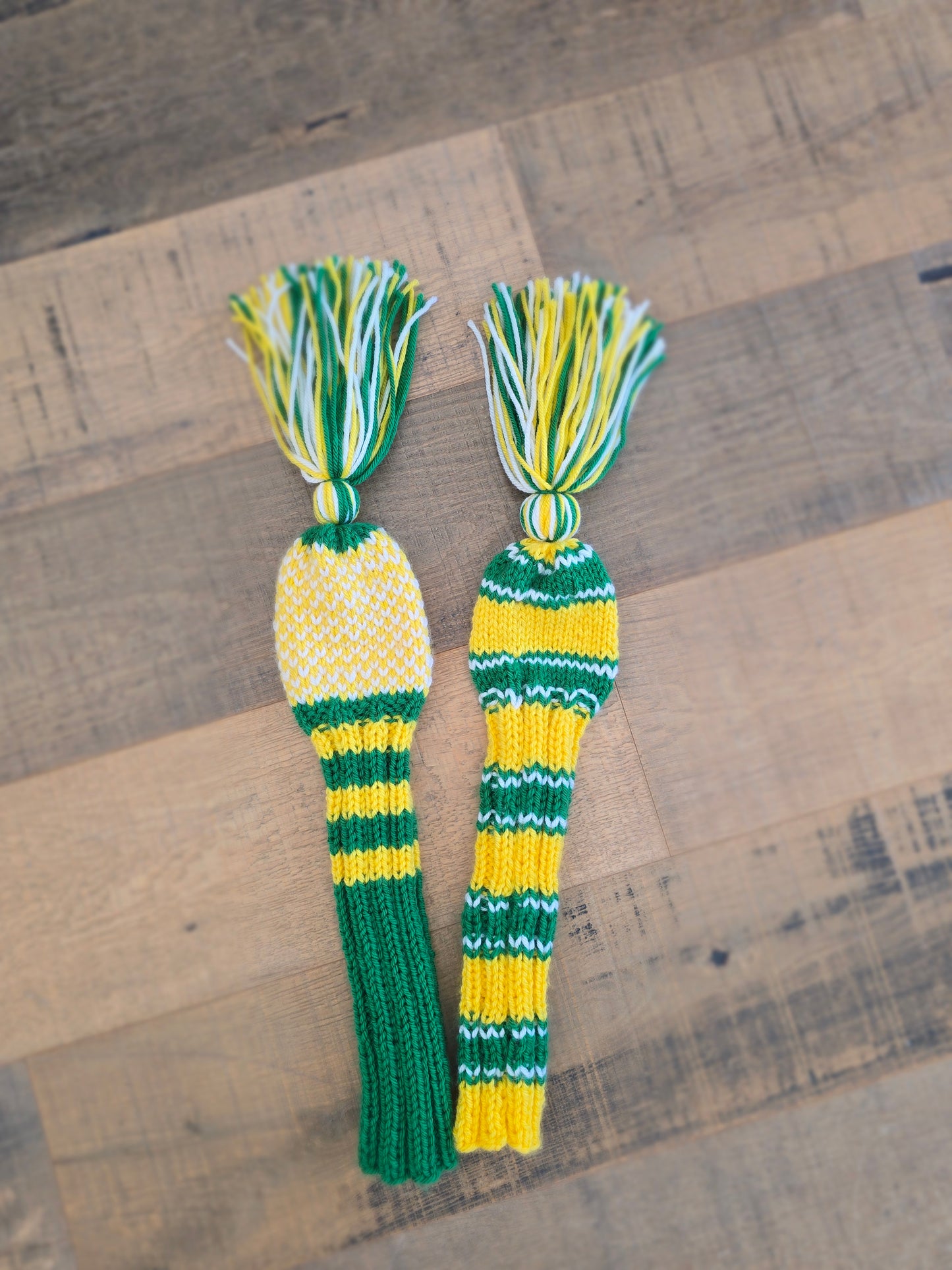 Hand Knit Golf Club Head Covers Retro-Vintage Green, Yellow & White with Tassels for Fairway Woods