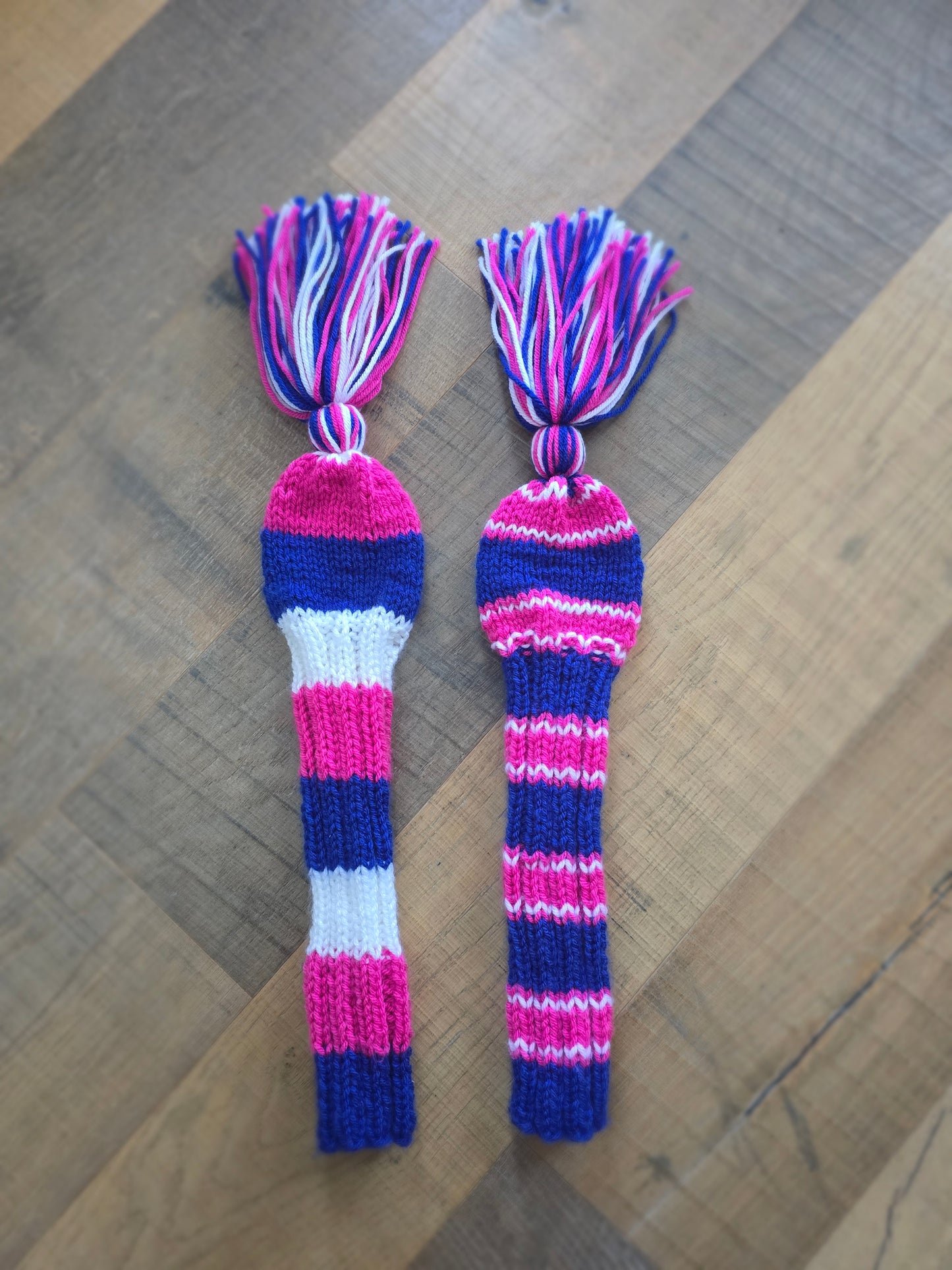 Two Golf Club Head Covers Retro-Vintage Pink, Blue & White with Tassels for Fairway Woods