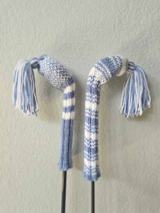 Two Hand Knit Golf Club Head Covers Retro-Vintage Dusty Blue & White with Tassels for Woods