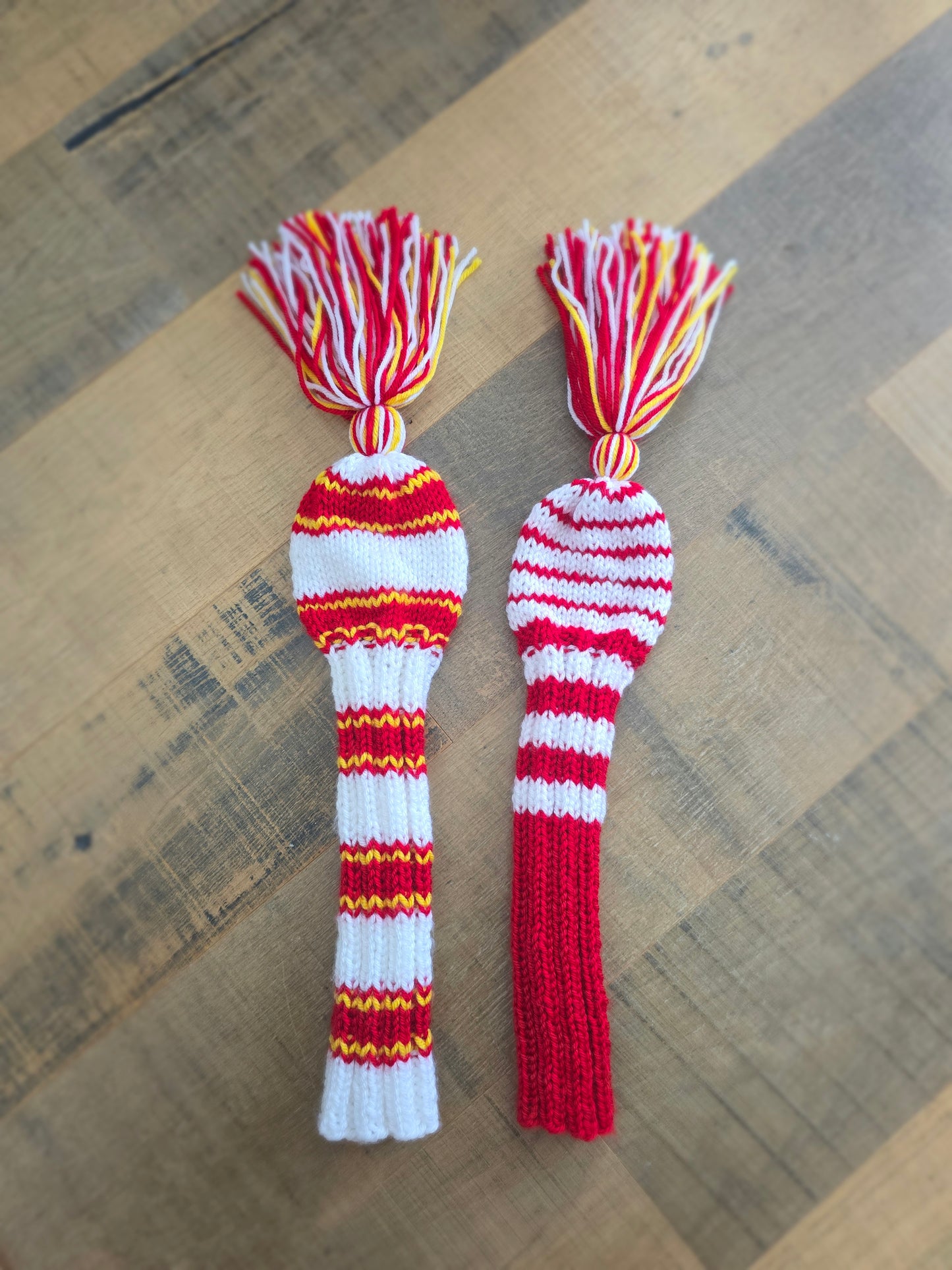 Two Golf Club Head Covers Retro-Vintage Red, Yellow & White with Tassels Driver & Fairway Wood Covers Custom for Kawika