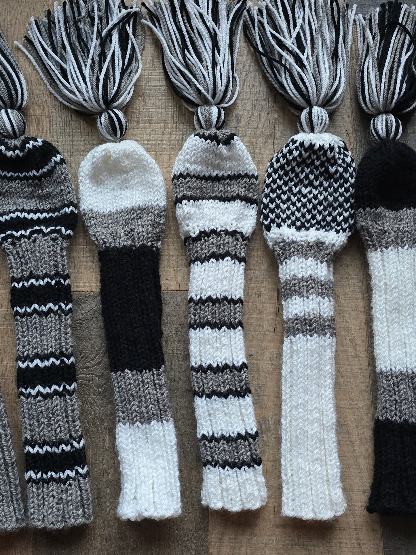 Three Sets Hand Knit Golf Club Head Covers Retro-Vintage Black, Gray and White with Tassels for Woods & Hybrid Clubs Custom for Jeff