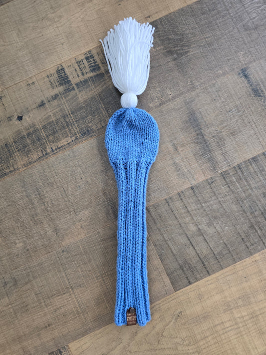 One Hand Knit Golf Club Head Covers Retro-Vintage Carolina Blue with White Tassel for 5 Wood Custom for Eric