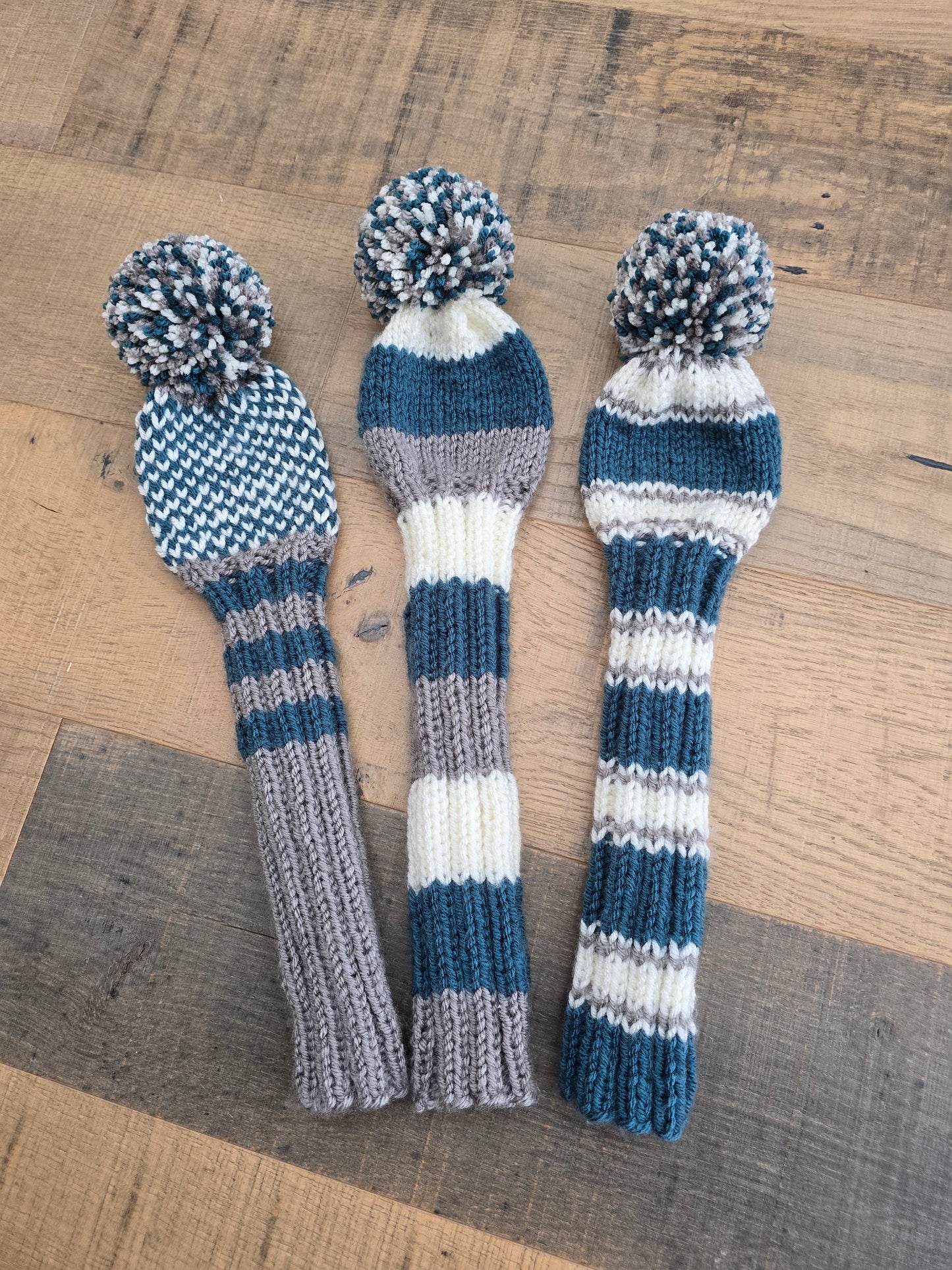 Golf Club Head Covers Retro-Vintage Teal, Gray and Off White with Pom Poms for Drivers, Woods Hand Knit Golf Accessory
