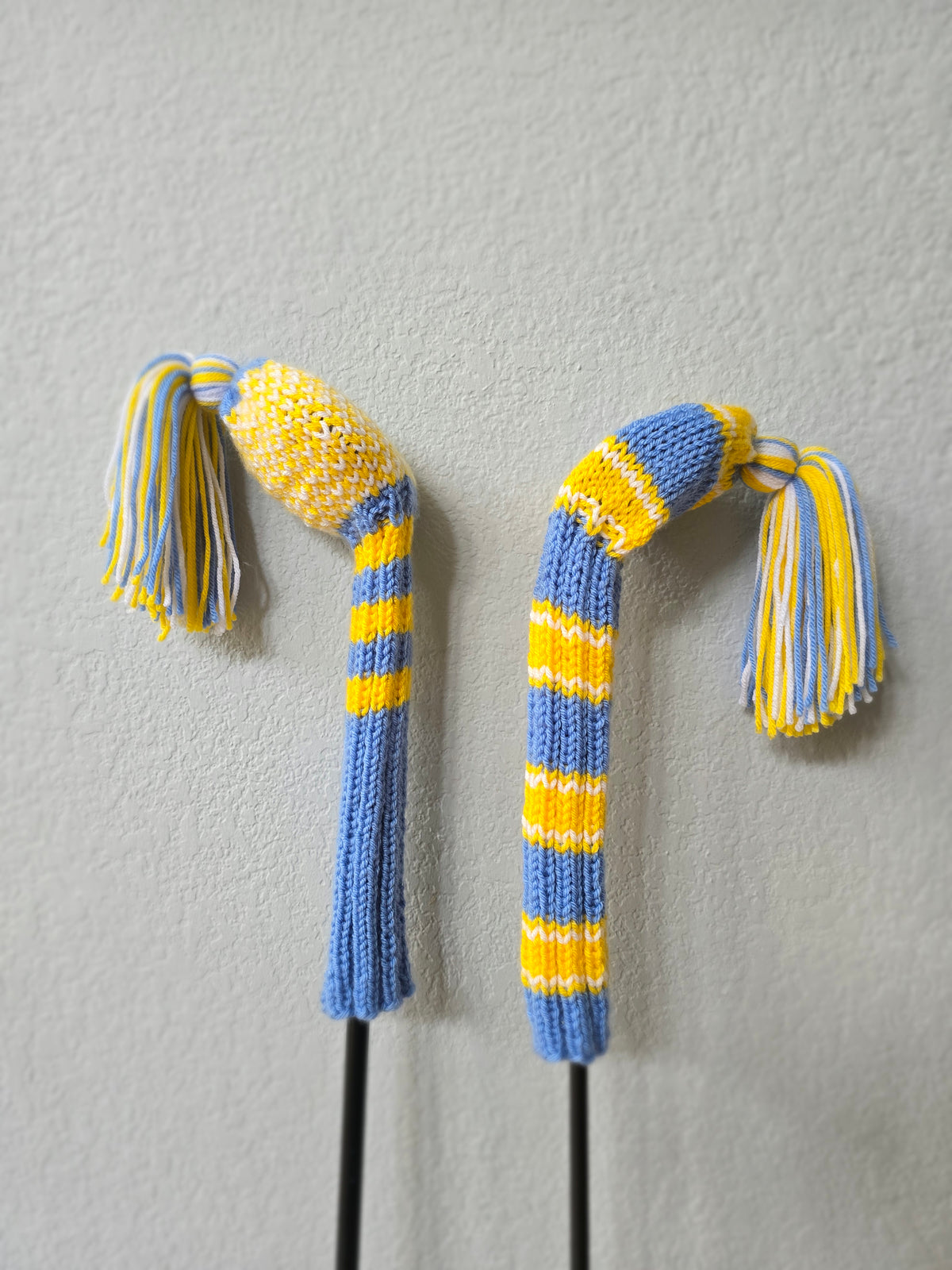 Hand Knit Golf Club Head Covers Retro-Vintage Blue, Yellow & White with Tassels for Fairway Woods
