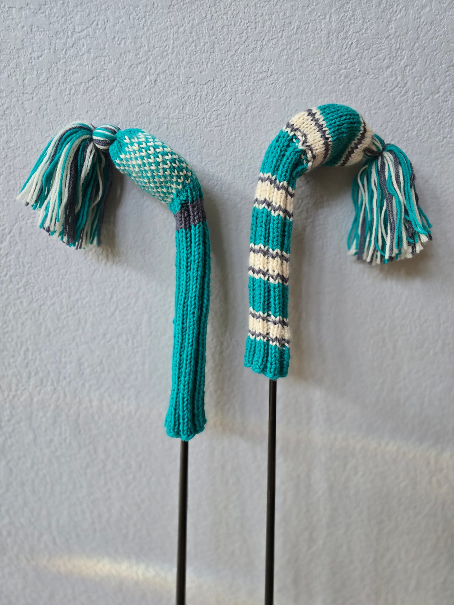 Two 100% Wool Hand Knit Golf Club Head Cover Retro-Vintage Teal, Gray & Ivory with Tassel for Fairway Woods