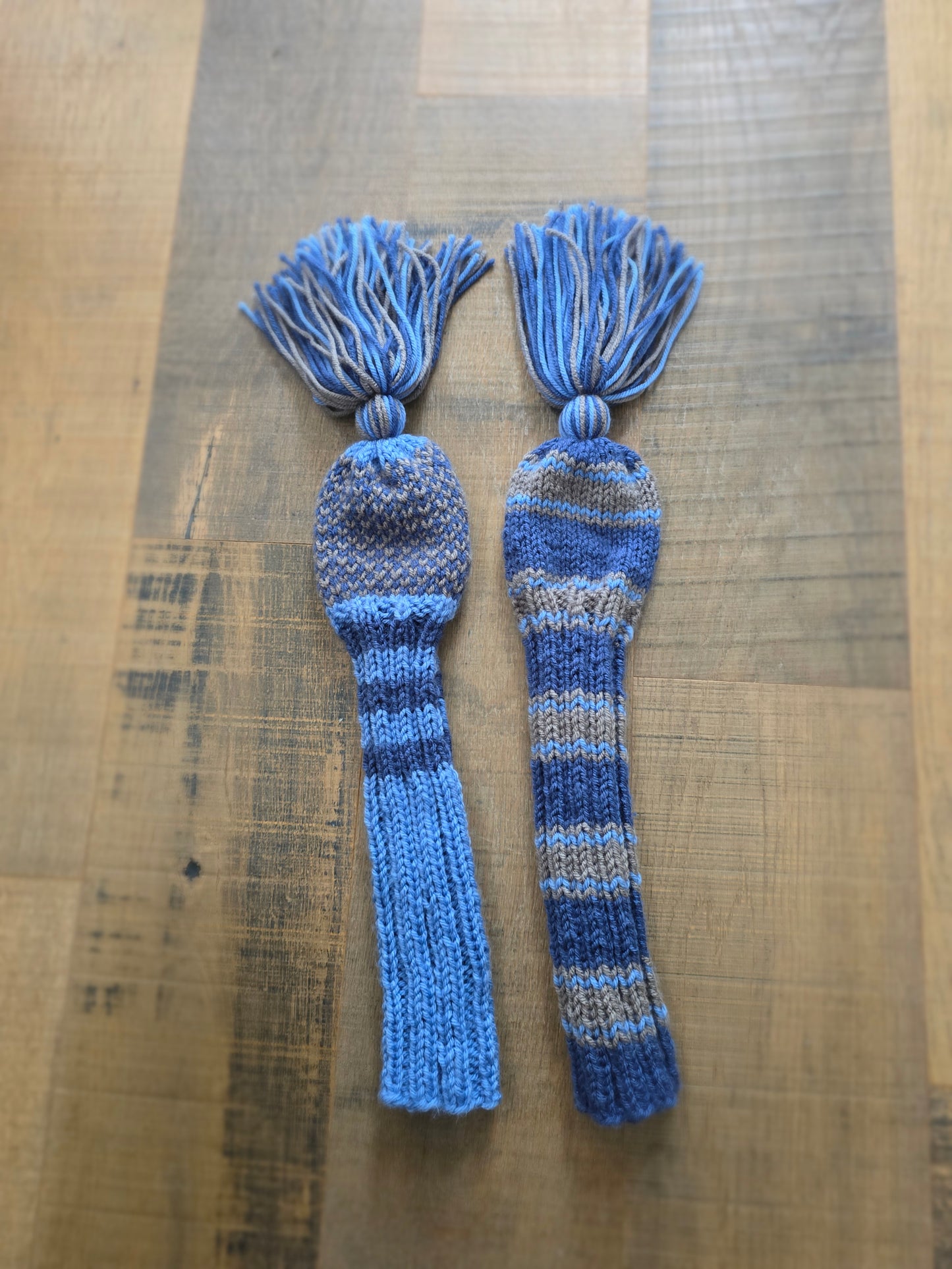 Hand Knit Golf Club Head Covers Retro-Vintage Black, Blue & Gray with Tassels for Fairway Woods