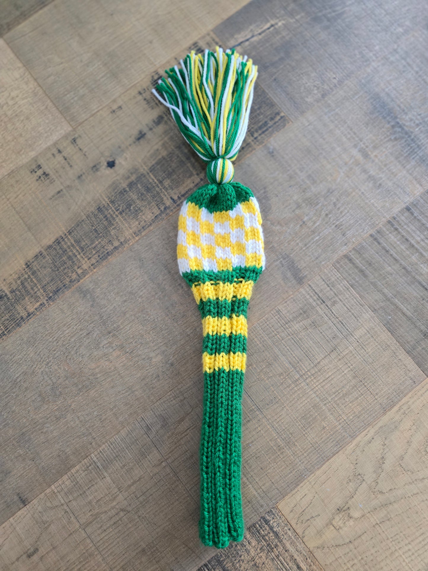 One Hand Knit Golf Club Head Covers Retro-Vintage Green, Yellow & White with Tassel for 5 Wood Custom for Eric