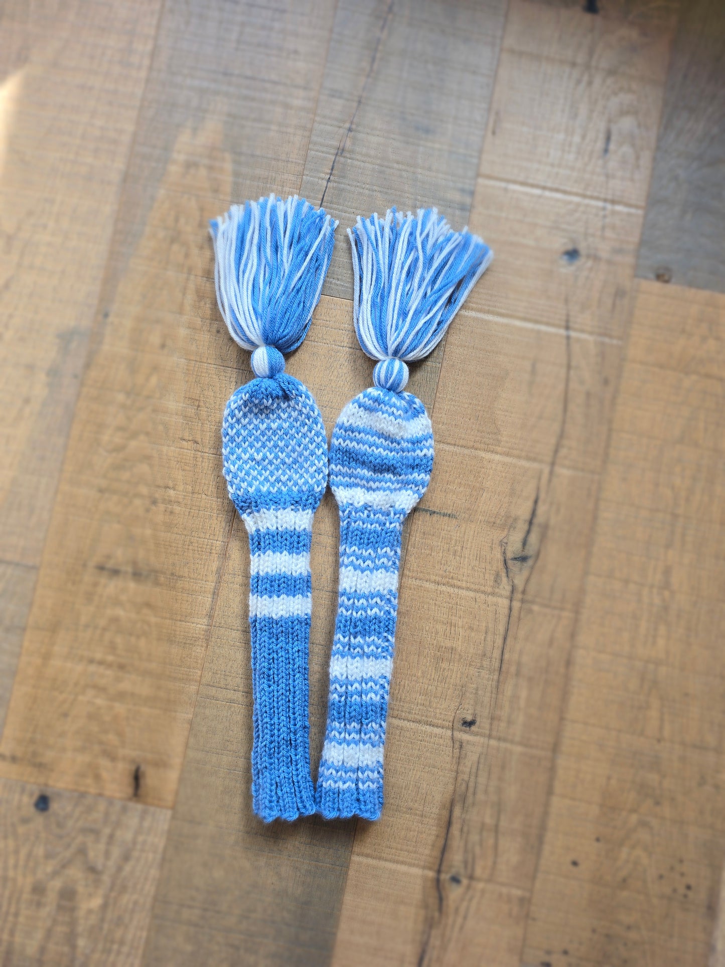 Two Hand Knit Golf Club Head Covers Retro-Vintage Blue & White with Tassels for Woods