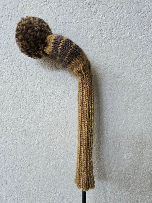 100% Wool Hand Knit Hybrid Golf Club Head Cover Retro-Vintage Brown &Tan with Pom Pom