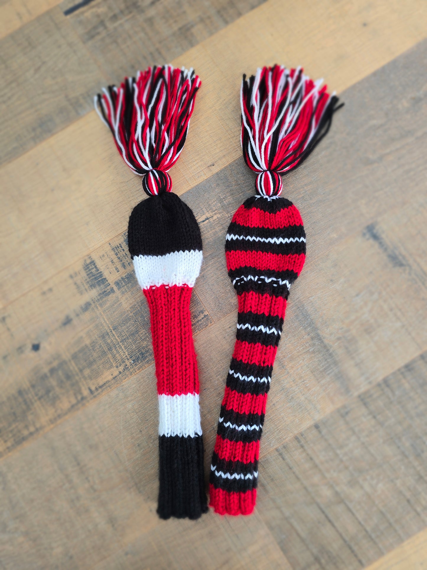 Two Hand Knit Golf Club Head Covers Black, Red & White with Tassels for Fairway Woods