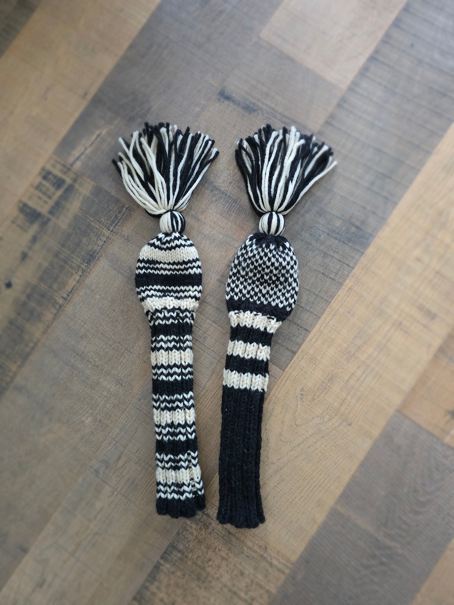 Two 100% Wool Hand Knit Golf Club Head Cover Retro-Vintage Dark Gray & Ivory with Tassel for Fairway Woods