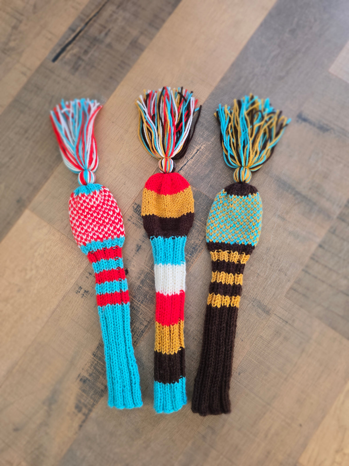 Hand Knit Golf Club Head Covers Retro-Vintage Multi Colored with Tassels for Driver & Fairway Woods Golf Gift