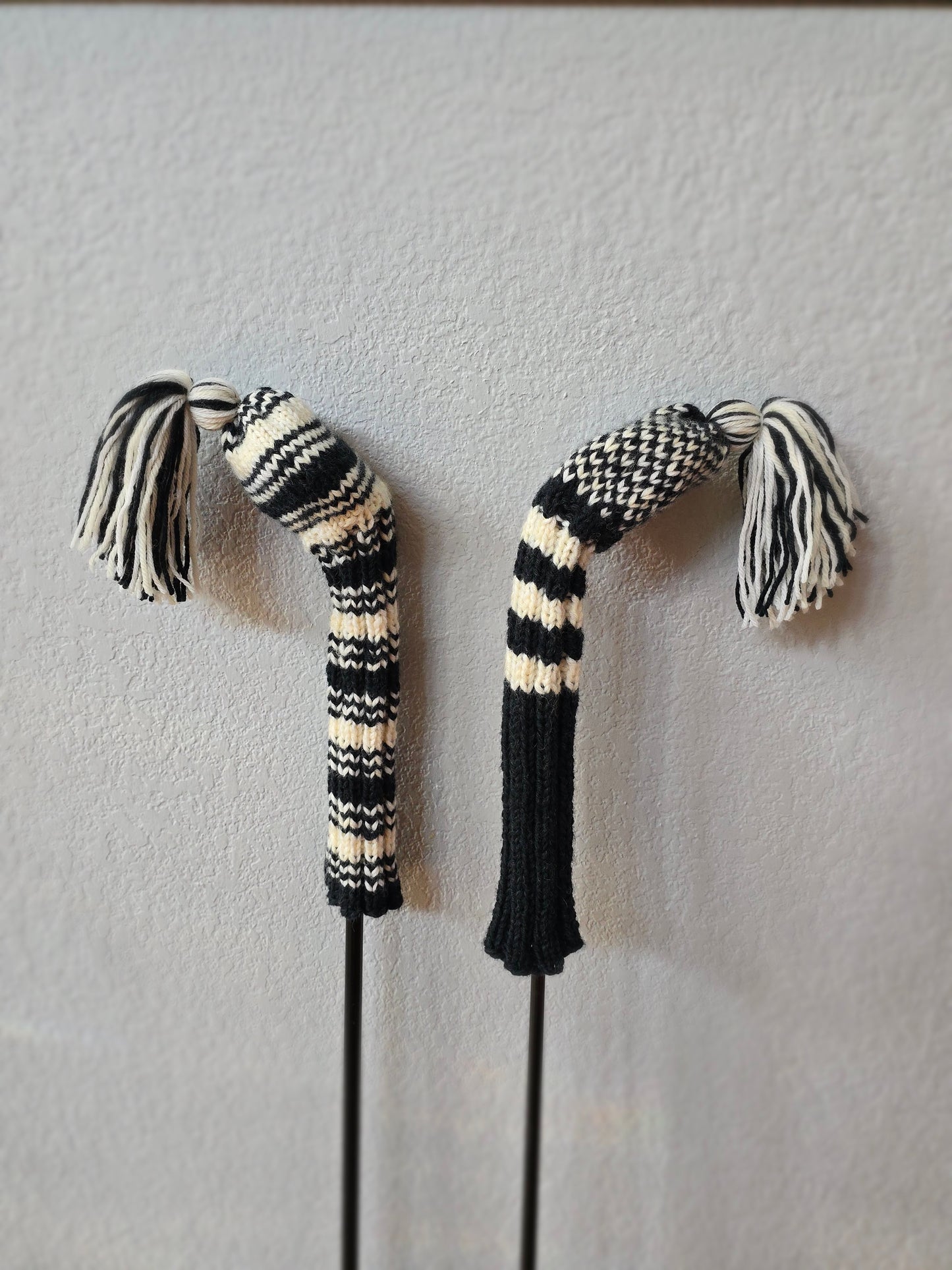 Two 100% Wool Hand Knit Golf Club Head Cover Retro-Vintage Dark Gray & Ivory with Tassel for Fairway Woods