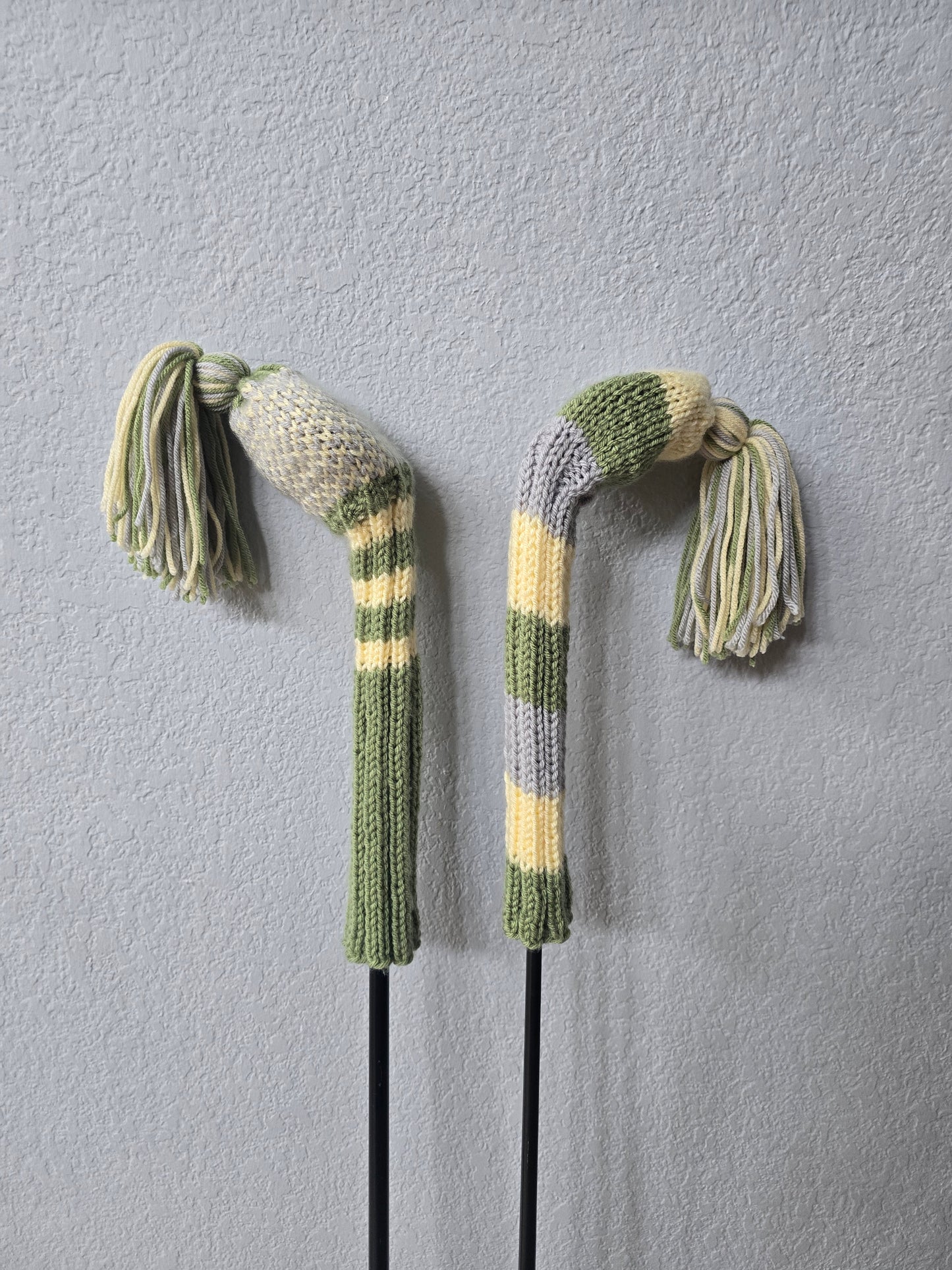 Two Golf Club Head Covers Retro-Vintage Green, Yellow & Gray with Tassels for Fairway Woods
