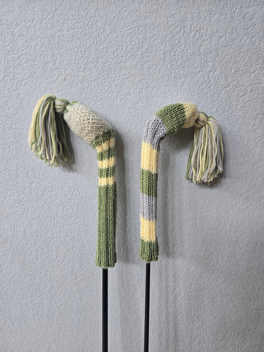 Two Golf Club Head Covers Retro-Vintage Green, Yellow & Gray with Tassels for Fairway Woods