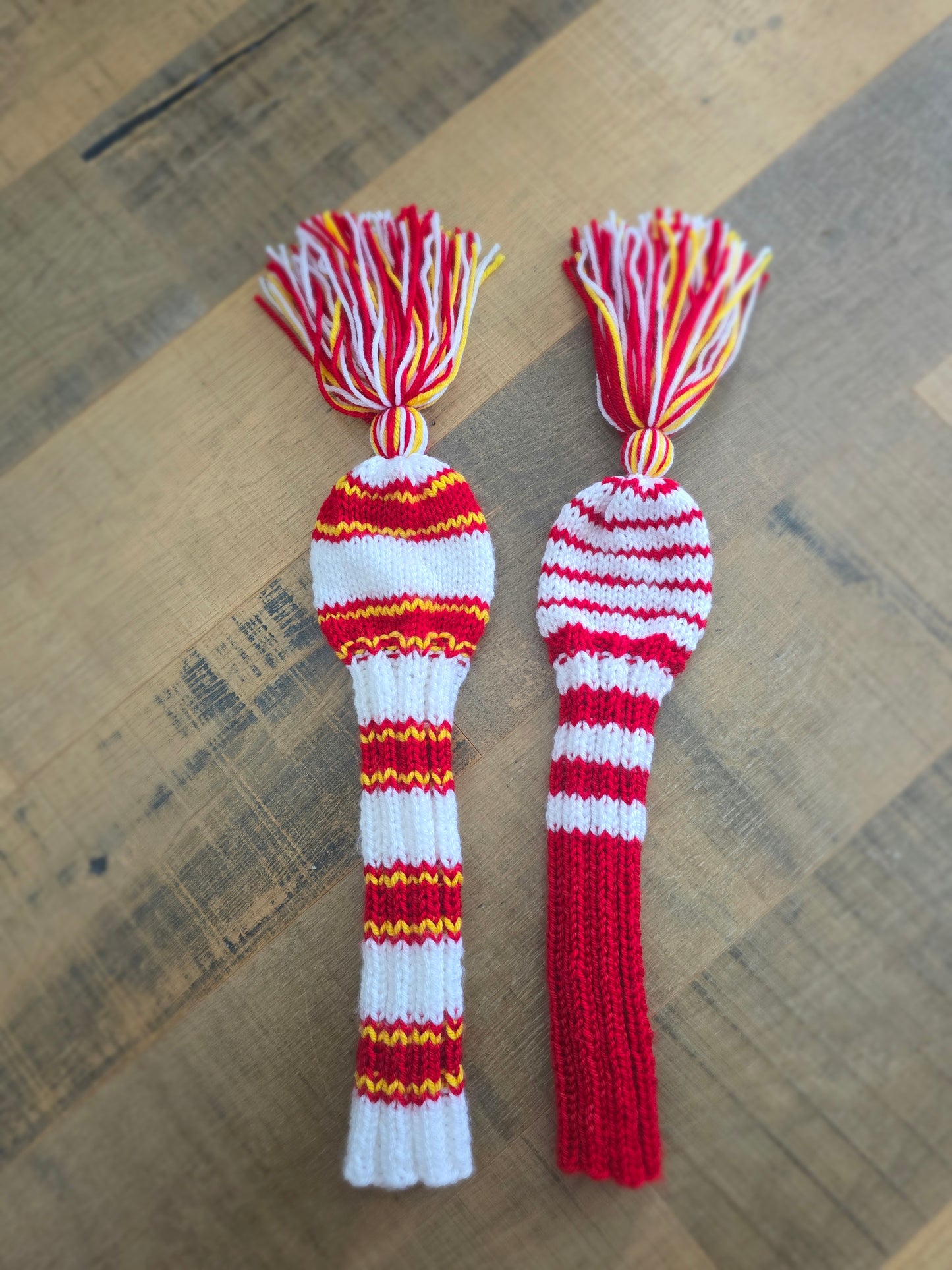 Two Golf Club Head Covers Retro-Vintage Red, Yellow & White with Tassels Driver & Fairway Wood Covers Custom for Kawika