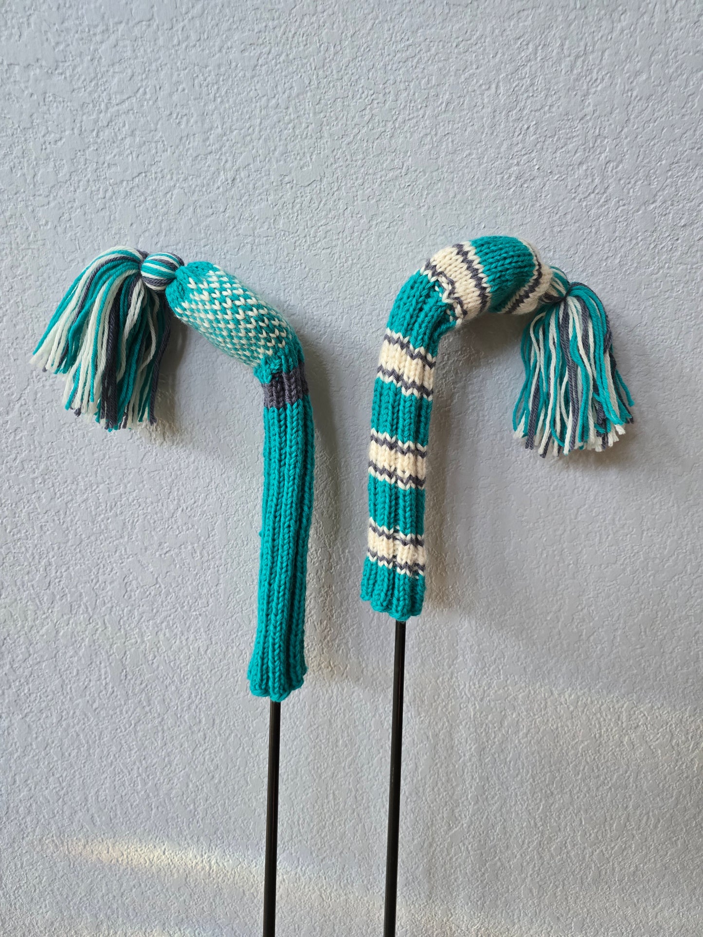 Two 100% Wool Hand Knit Golf Club Head Cover Retro-Vintage Teal, Gray & Ivory with Tassel for Fairway Woods