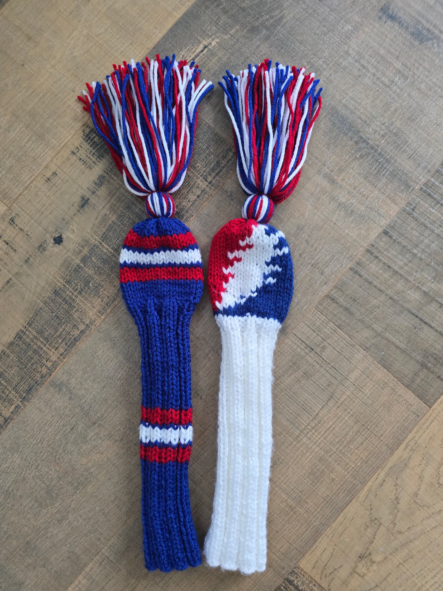 Hand Knit Golf Club Head Covers Retro-Vintage Custom Red, White and Blue Set of Two for Hybrids for Wes