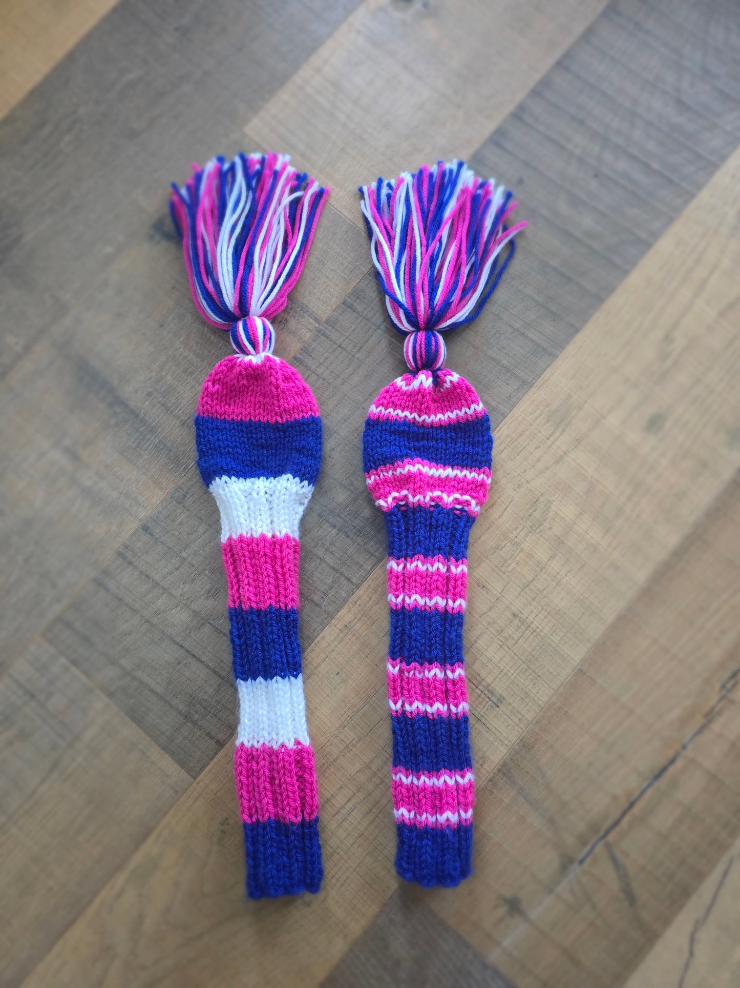 Two Golf Club Head Covers Retro-Vintage Pink, Blue & White with Tassels for Fairway Woods
