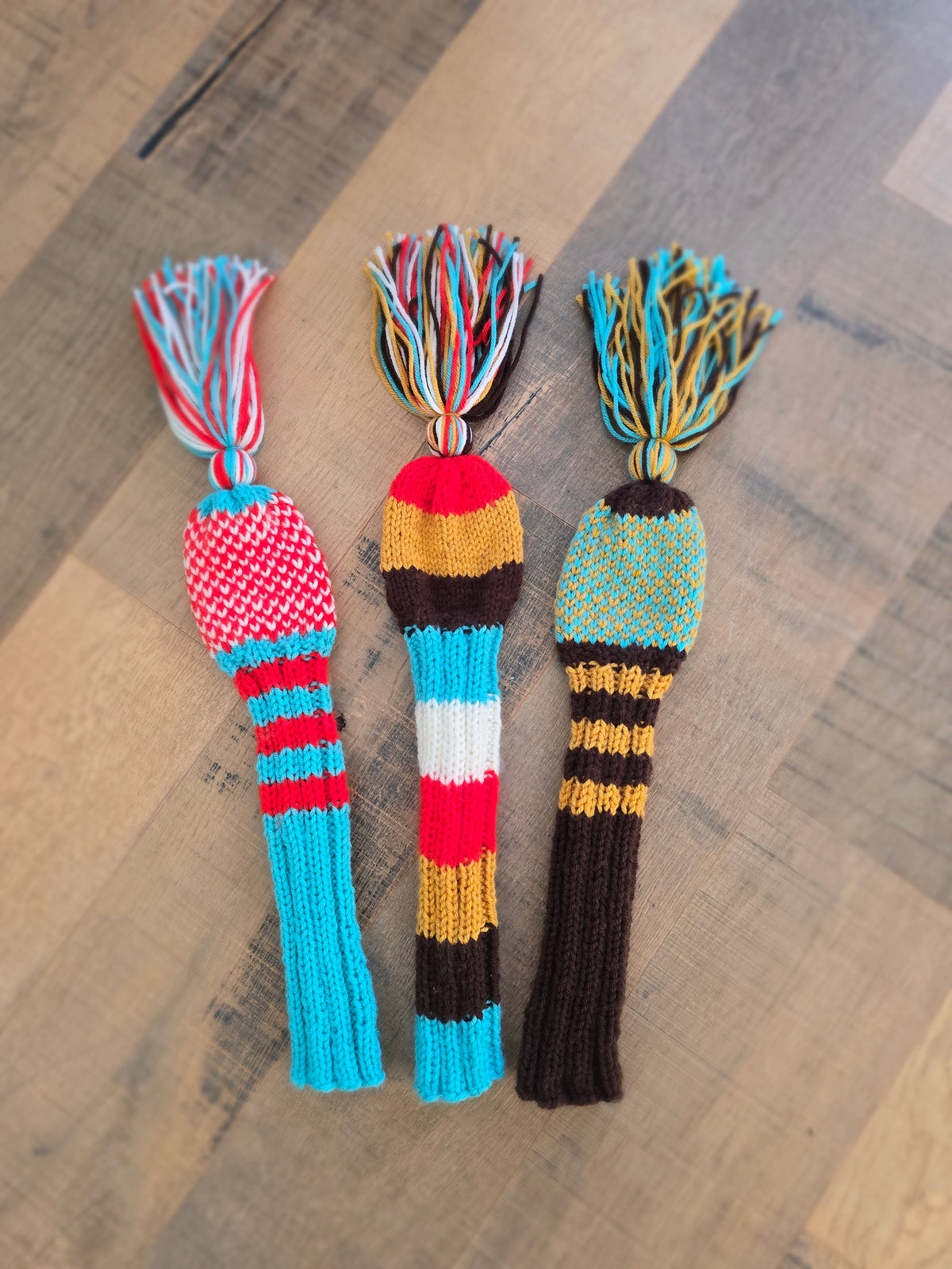 Hand Knit Golf Club Head Covers Retro-Vintage Multi Colored with Tassels for Driver & Fairway Woods Golf Gift