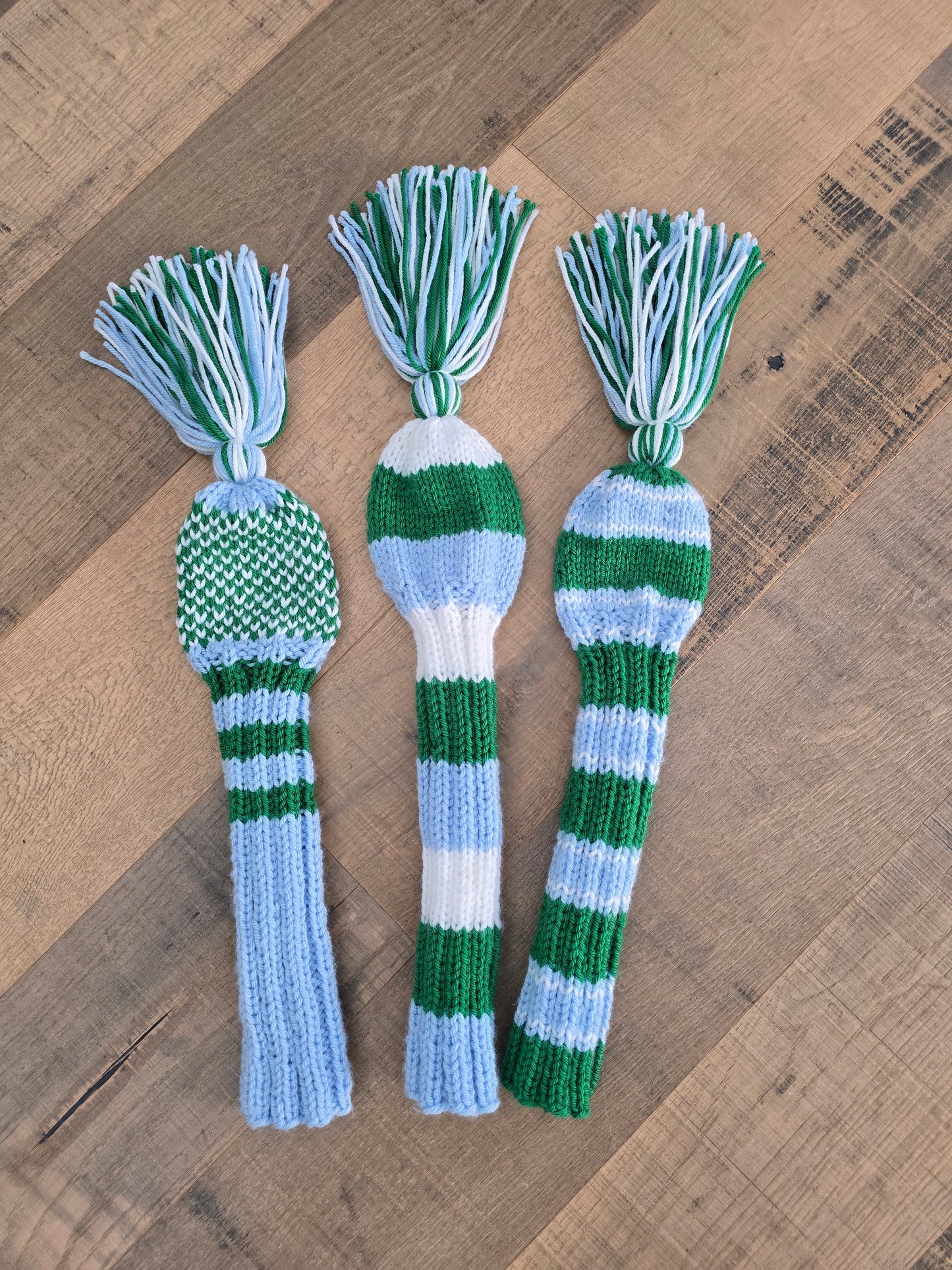Three Golf Club Head Covers Retro-Vintage Blue, Green & White with Tassels for Drivers, Woods