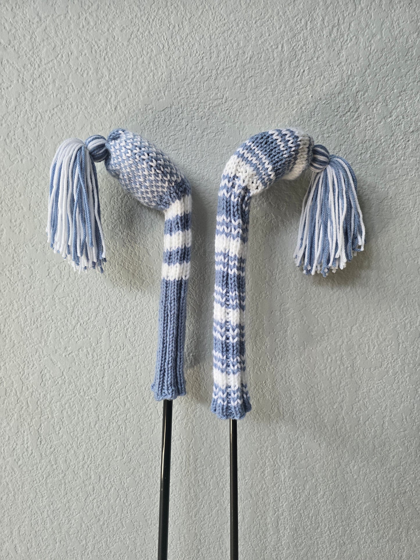 Two Hand Knit Golf Club Head Covers Retro-Vintage Dusty Blue & White with Tassels for Woods
