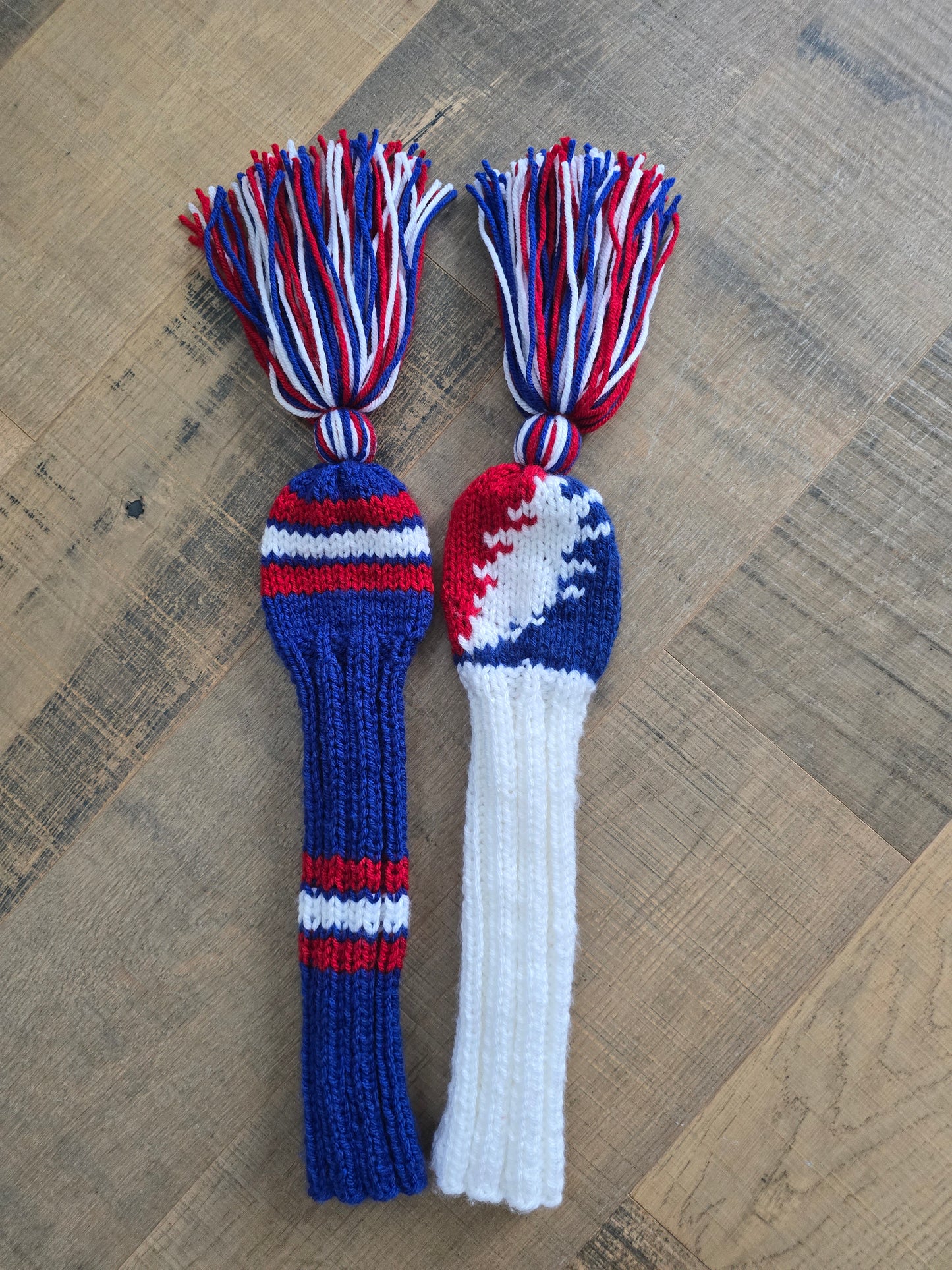Hand Knit Golf Club Head Covers Retro-Vintage Custom Red, White and Blue Set of Two for Hybrids for Wes