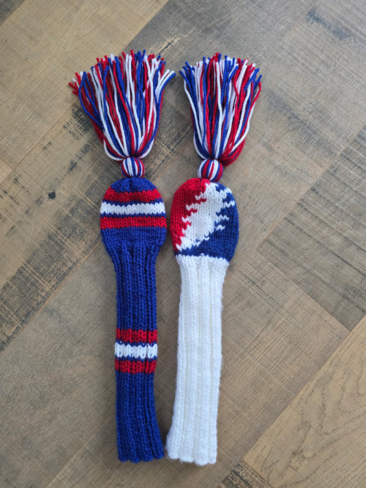 Hand Knit Golf Club Head Covers Retro-Vintage Custom Red, White and Blue Set of Two for Hybrids for Wes