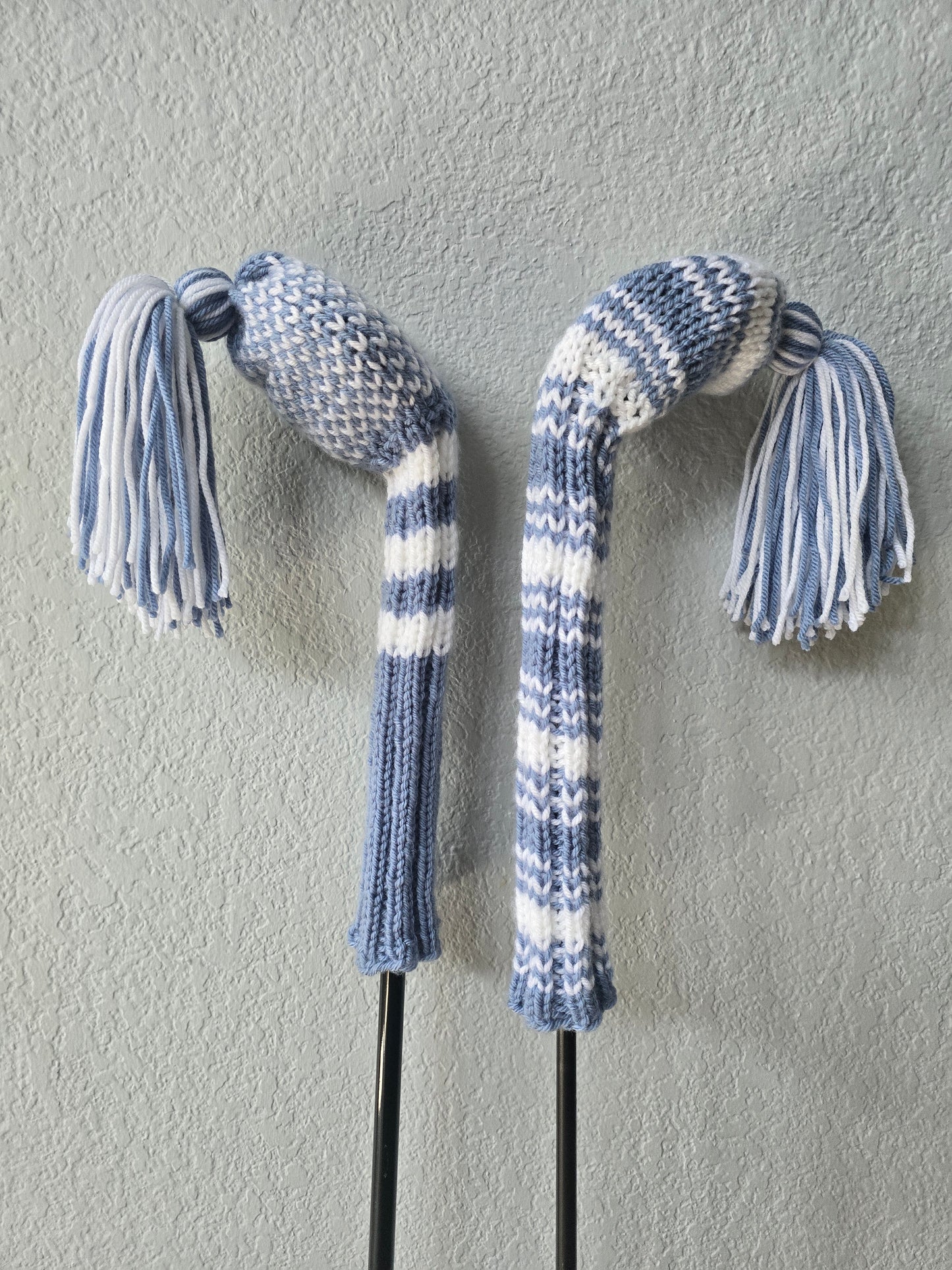 Two Hand Knit Golf Club Head Covers Retro-Vintage Dusty Blue & White with Tassels for Woods