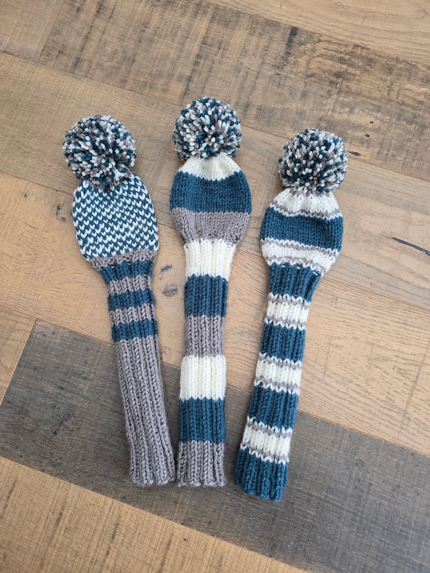Golf Club Head Covers Retro-Vintage Teal, Gray and Off White with Pom Poms for Drivers, Woods Hand Knit Golf Accessory
