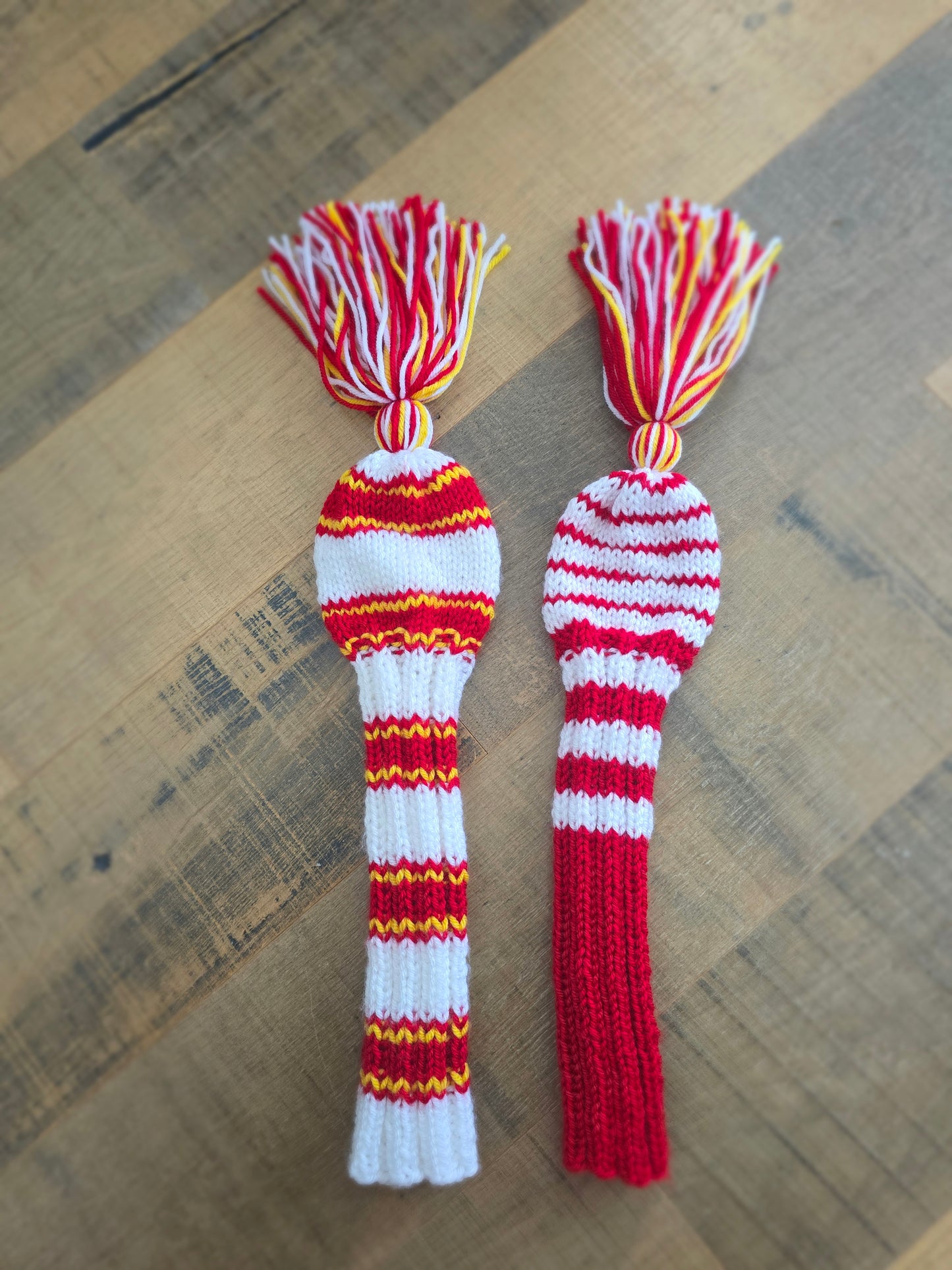 Two Golf Club Head Covers Retro-Vintage Red, Yellow & White with Tassels Driver & Fairway Wood Covers Custom for Kawika