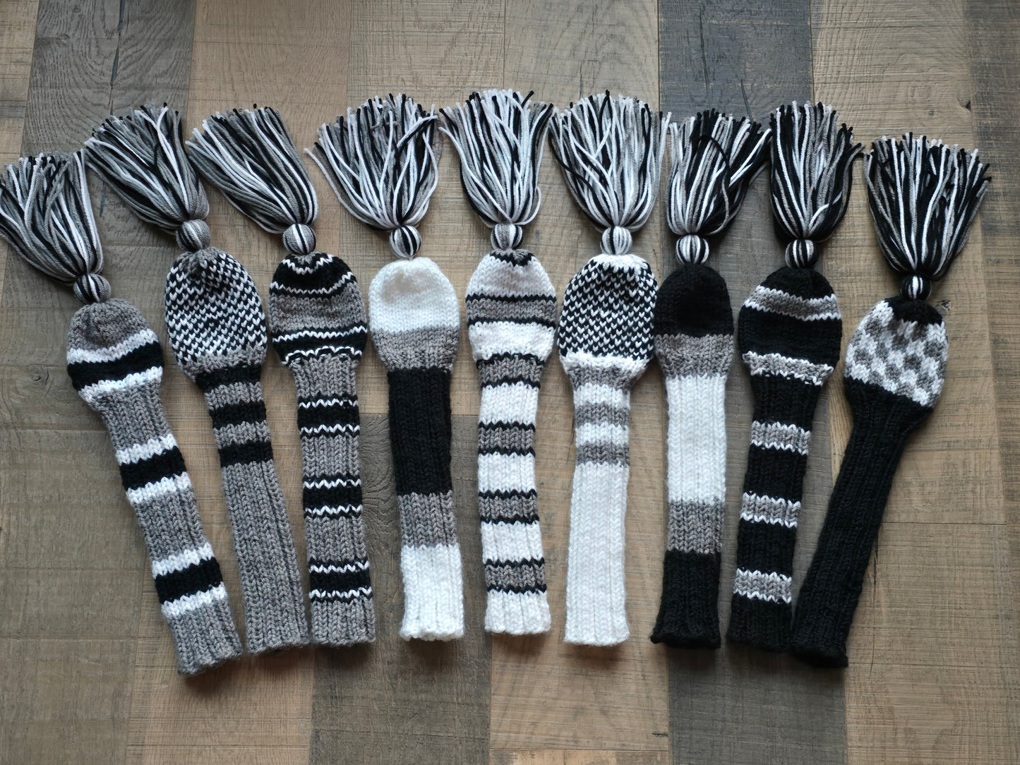 Three Sets Hand Knit Golf Club Head Covers Retro-Vintage Black, Gray and White with Tassels for Woods & Hybrid Clubs Custom for Jeff