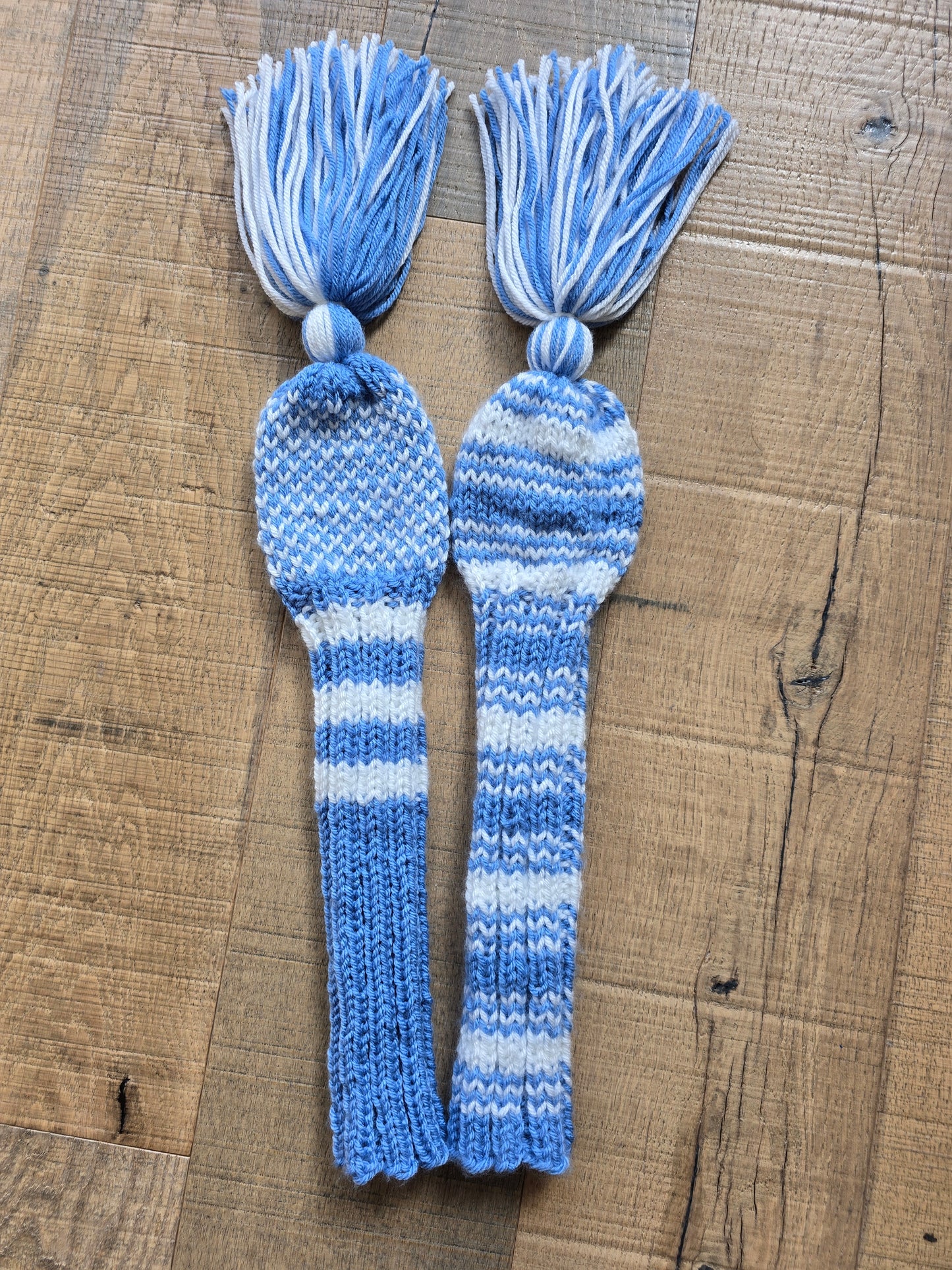 Two Hand Knit Golf Club Head Covers Retro-Vintage Blue & White with Tassels for Woods
