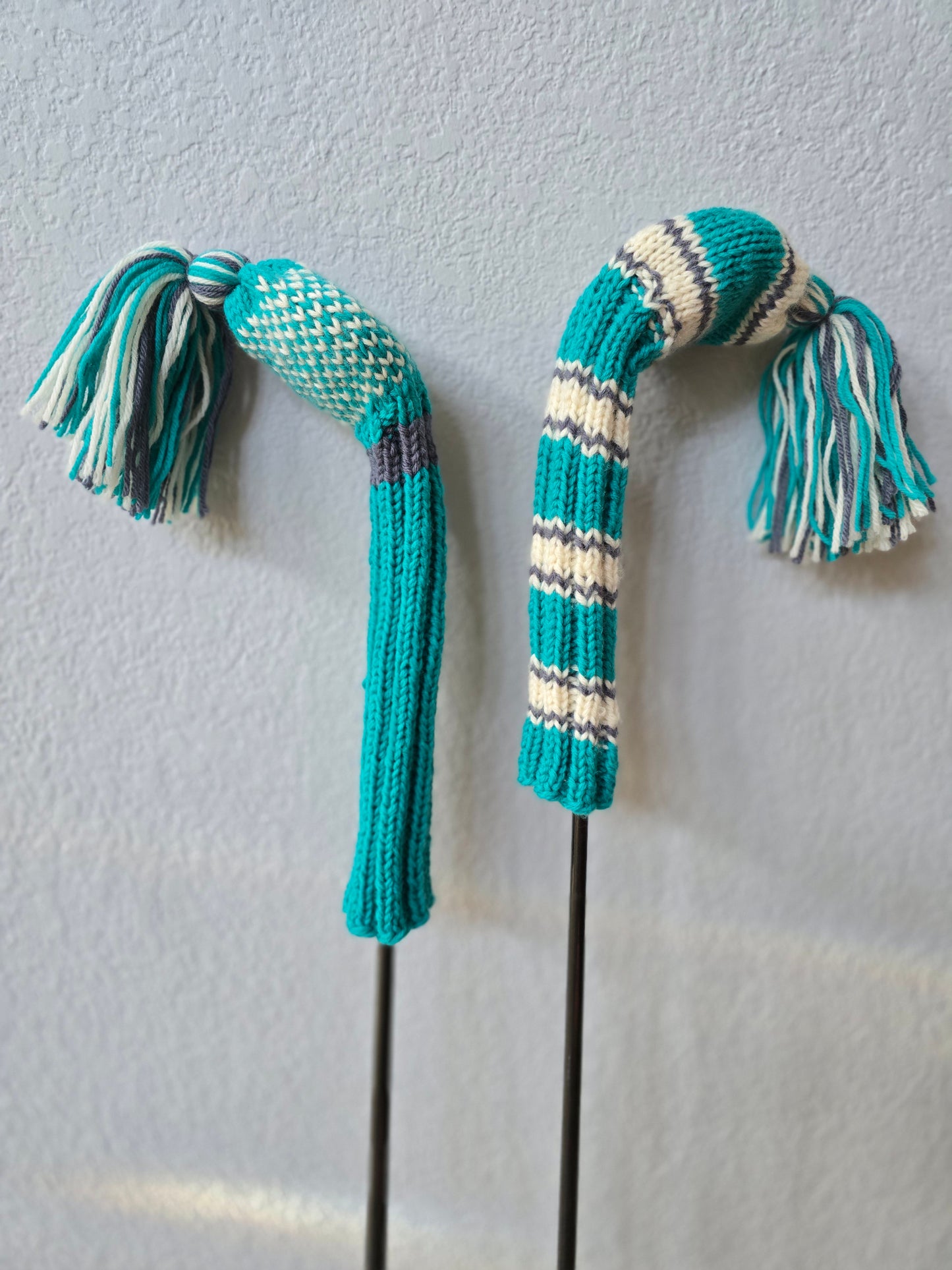 Two 100% Wool Hand Knit Golf Club Head Cover Retro-Vintage Teal, Gray & Ivory with Tassel for Fairway Woods