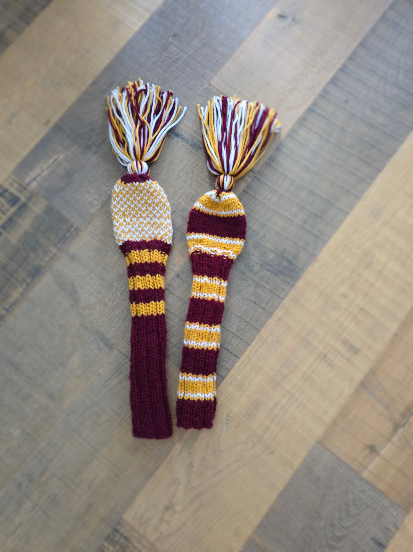 Two Golf Club Head Covers Retro-Vintage Burgundy, Gold & White with Tassels for Fairway Woods