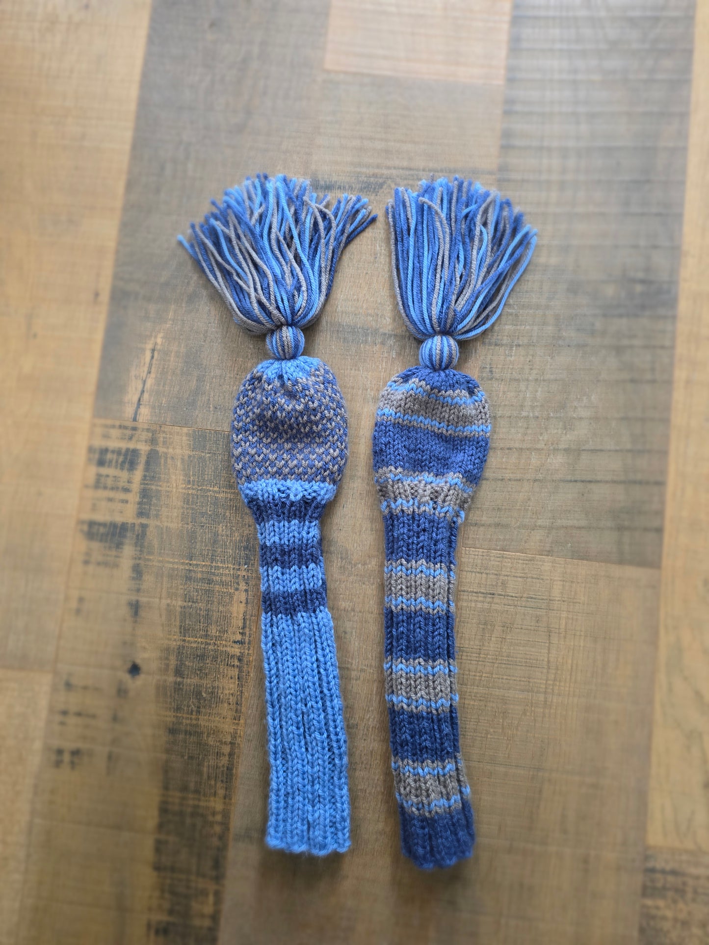 Hand Knit Golf Club Head Covers Retro-Vintage Black, Blue & Gray with Tassels for Fairway Woods
