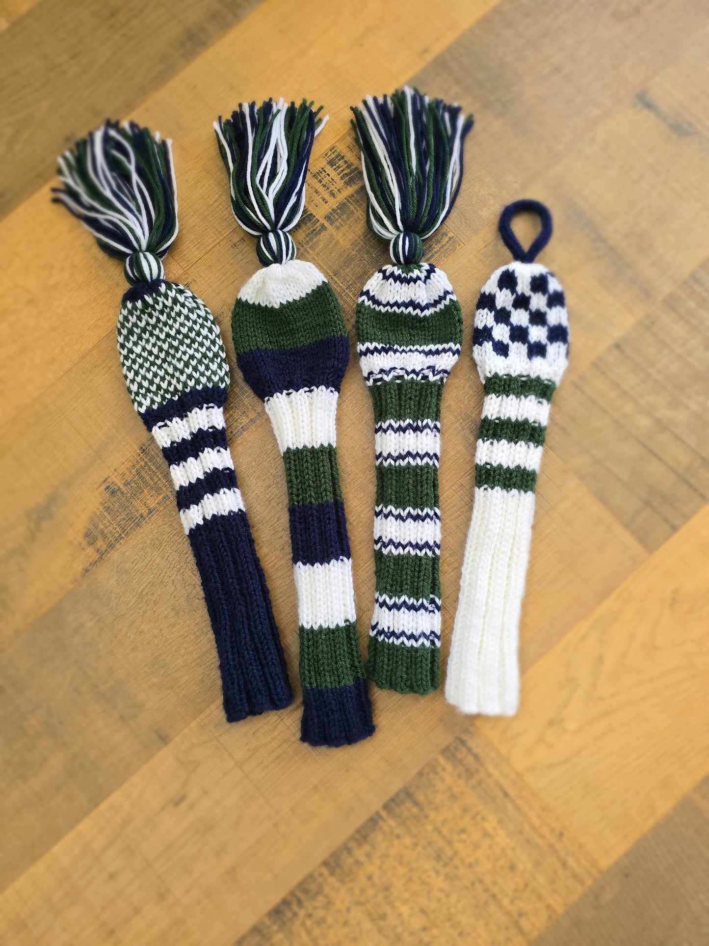 Custom Hand Knit Golf Club Head Covers Retro-Vintage Blue, Green & White with Tassels for Driver, Fairway Woods & Hybrid