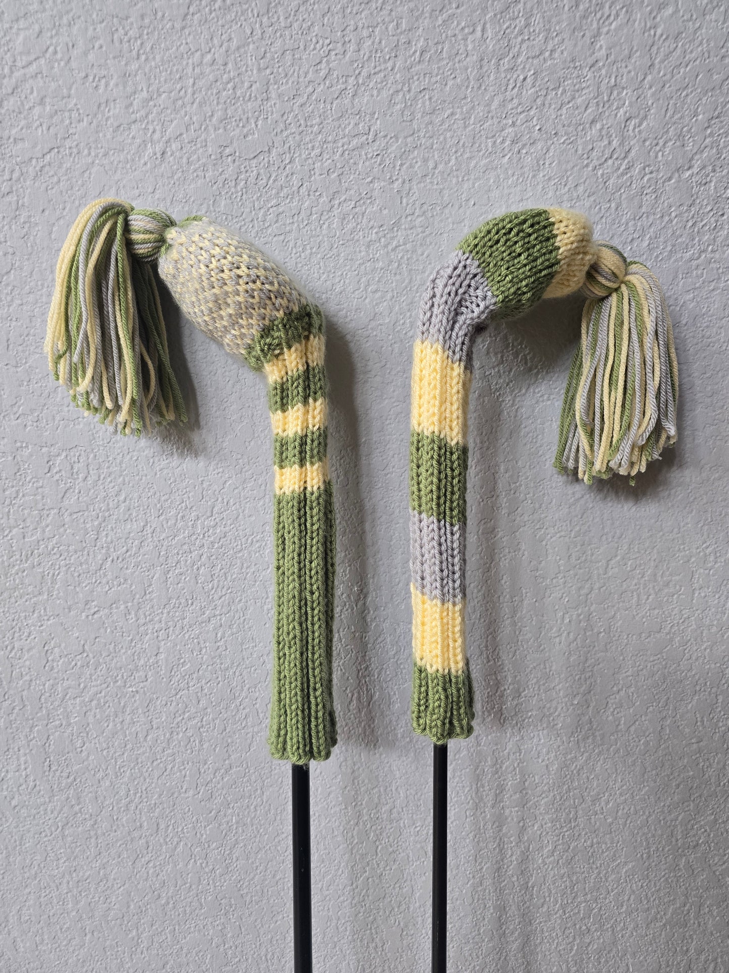 Two Golf Club Head Covers Retro-Vintage Green, Yellow & Gray with Tassels for Fairway Woods