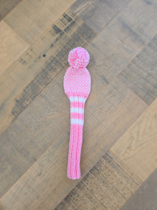 Custom Hand Knit Golf Club Head Cover Retro-Vintage Pink & White with Pom Pom for 5 Wood for Melissa