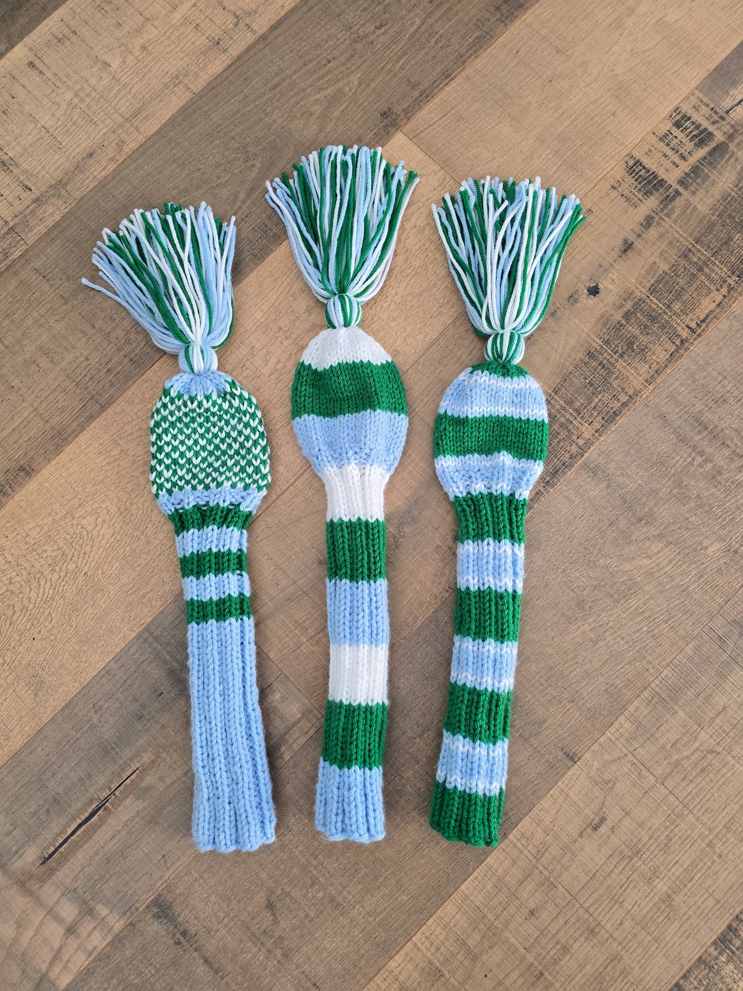 Three Golf Club Head Covers Retro-Vintage Blue, Green & White with Tassels for Drivers, Woods