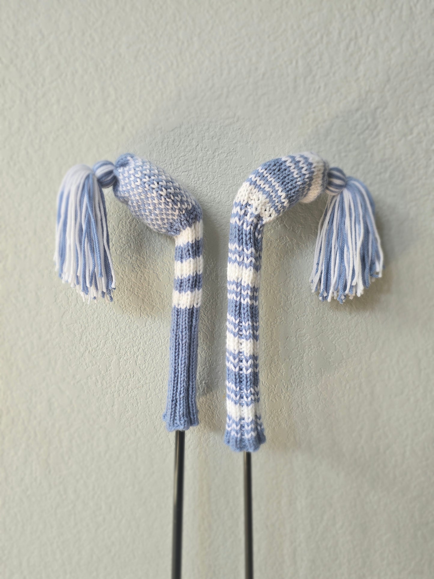 Two Hand Knit Golf Club Head Covers Retro-Vintage Dusty Blue & White with Tassels for Woods