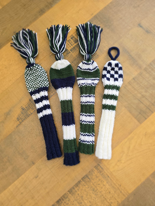 Custom Hand Knit Golf Club Head Covers Retro-Vintage Blue, Green & White with Tassels for Driver, Fairway Woods & Hybrid
