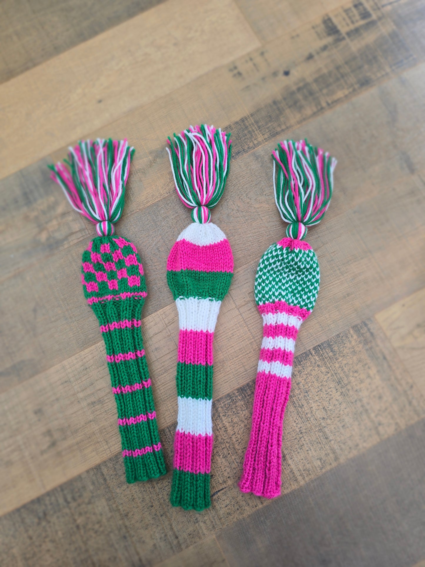 Golf Club Head Covers Retro-Vintage Pink, Green & White with Tassels for Drivers, Woods Hand Knit Golf Accessory