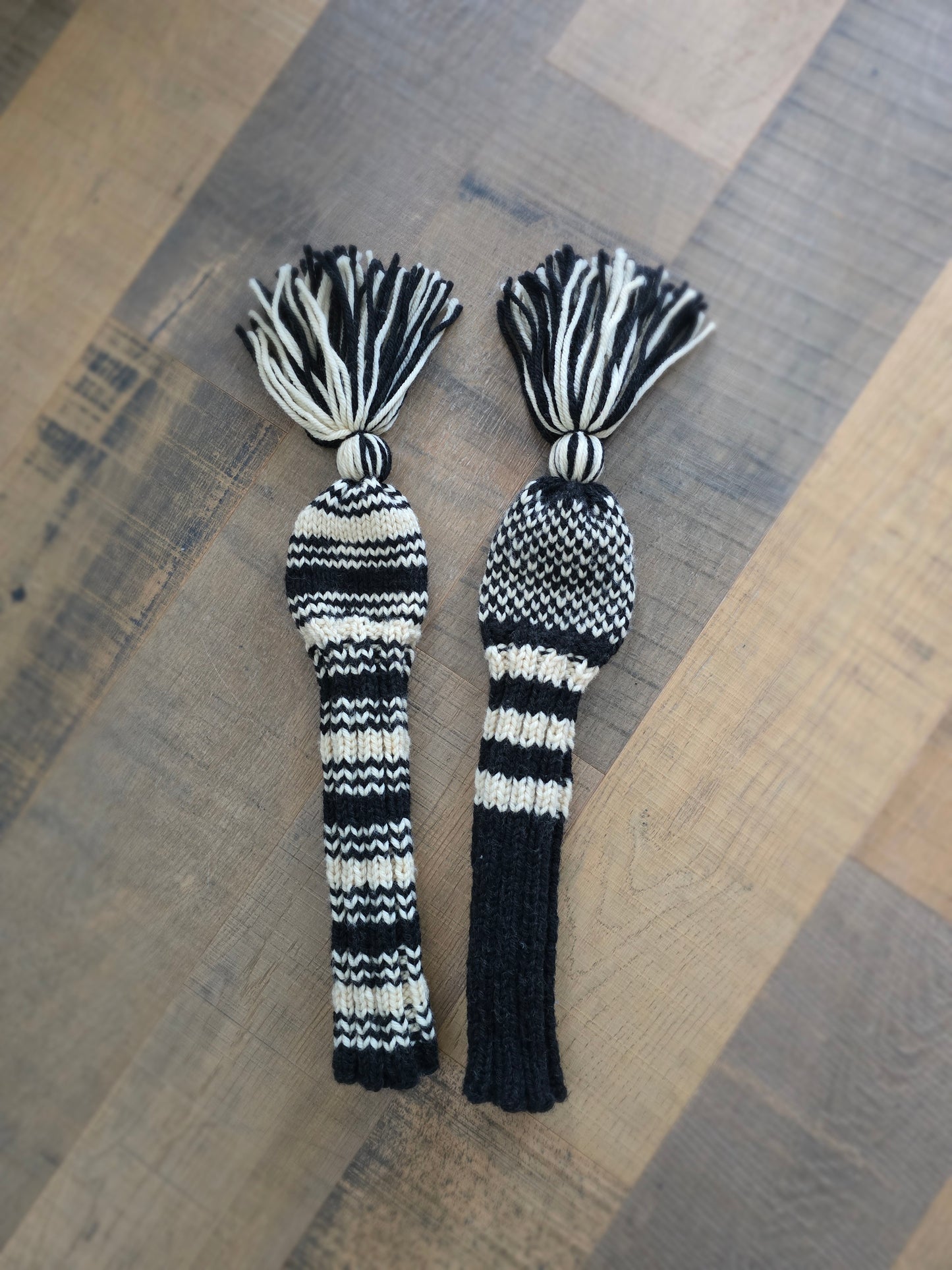 Two 100% Wool Hand Knit Golf Club Head Cover Retro-Vintage Dark Gray & Ivory with Tassel for Fairway Woods