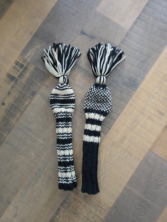 Two 100% Wool Hand Knit Golf Club Head Cover Retro-Vintage Dark Gray & Ivory with Tassel for Fairway Woods
