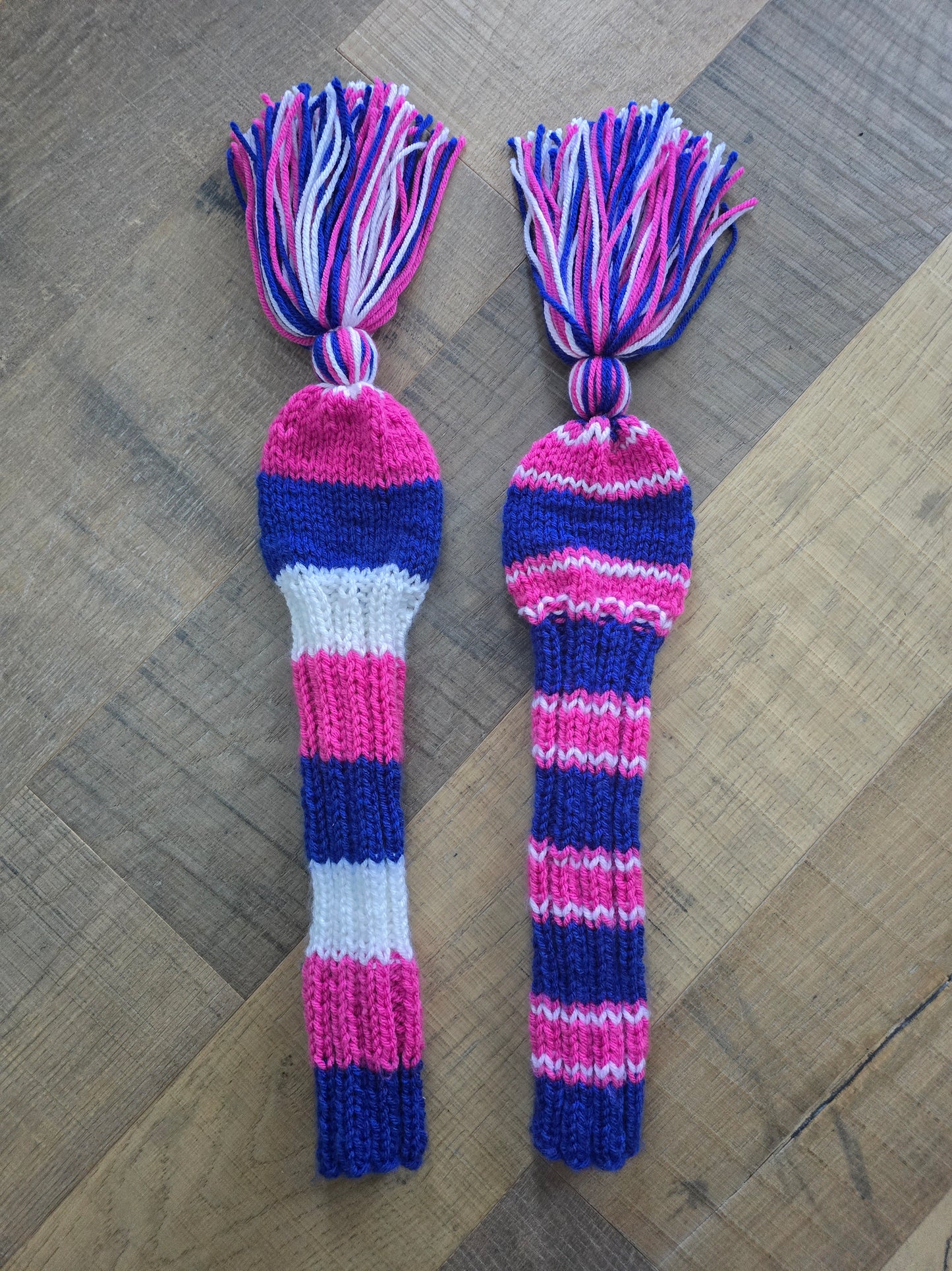 Two Golf Club Head Covers Retro-Vintage Pink, Blue & White with Tassels for Fairway Woods