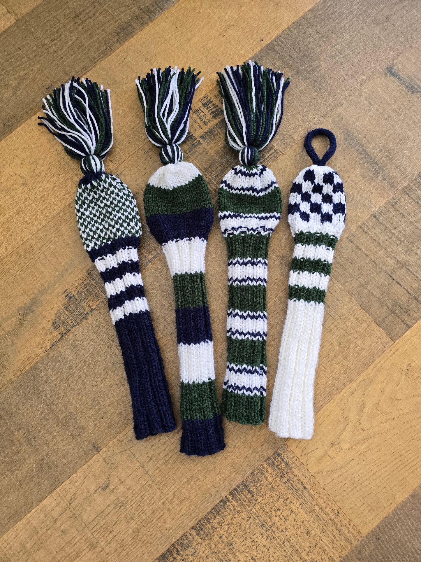 Custom Hand Knit Golf Club Head Covers Retro-Vintage Blue, Green & White with Tassels for Driver, Fairway Woods & Hybrid