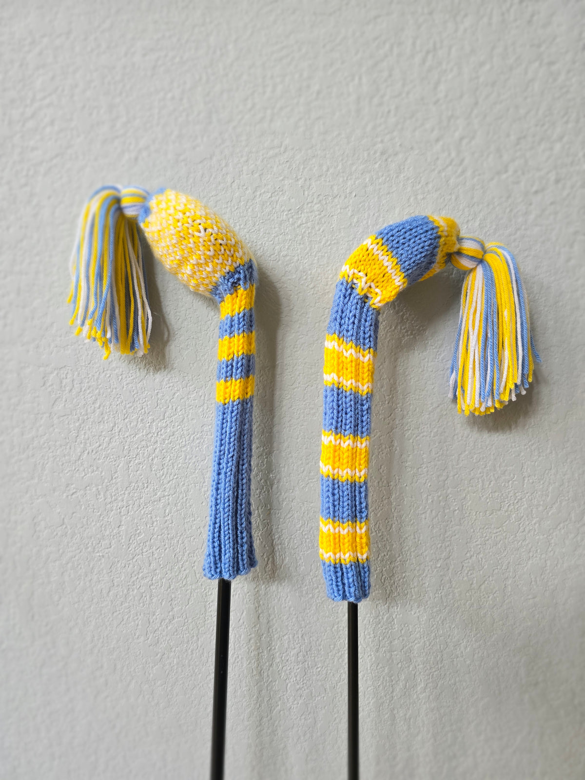 Hand Knit Golf Club Head Covers Retro-Vintage Blue, Yellow & White with Tassels for Fairway Woods