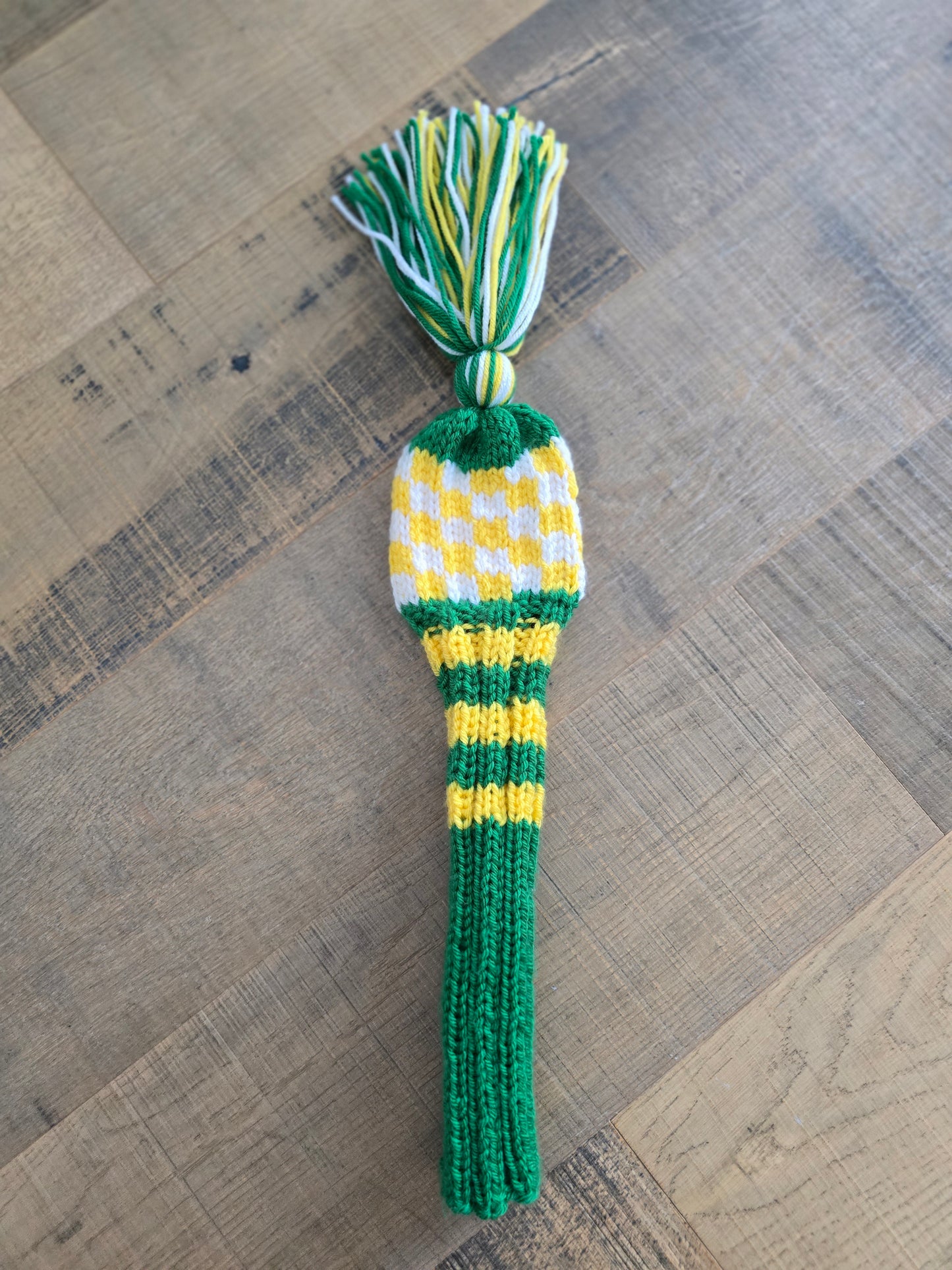 One Hand Knit Golf Club Head Covers Retro-Vintage Green, Yellow & White with Tassel for 5 Wood Custom for Eric