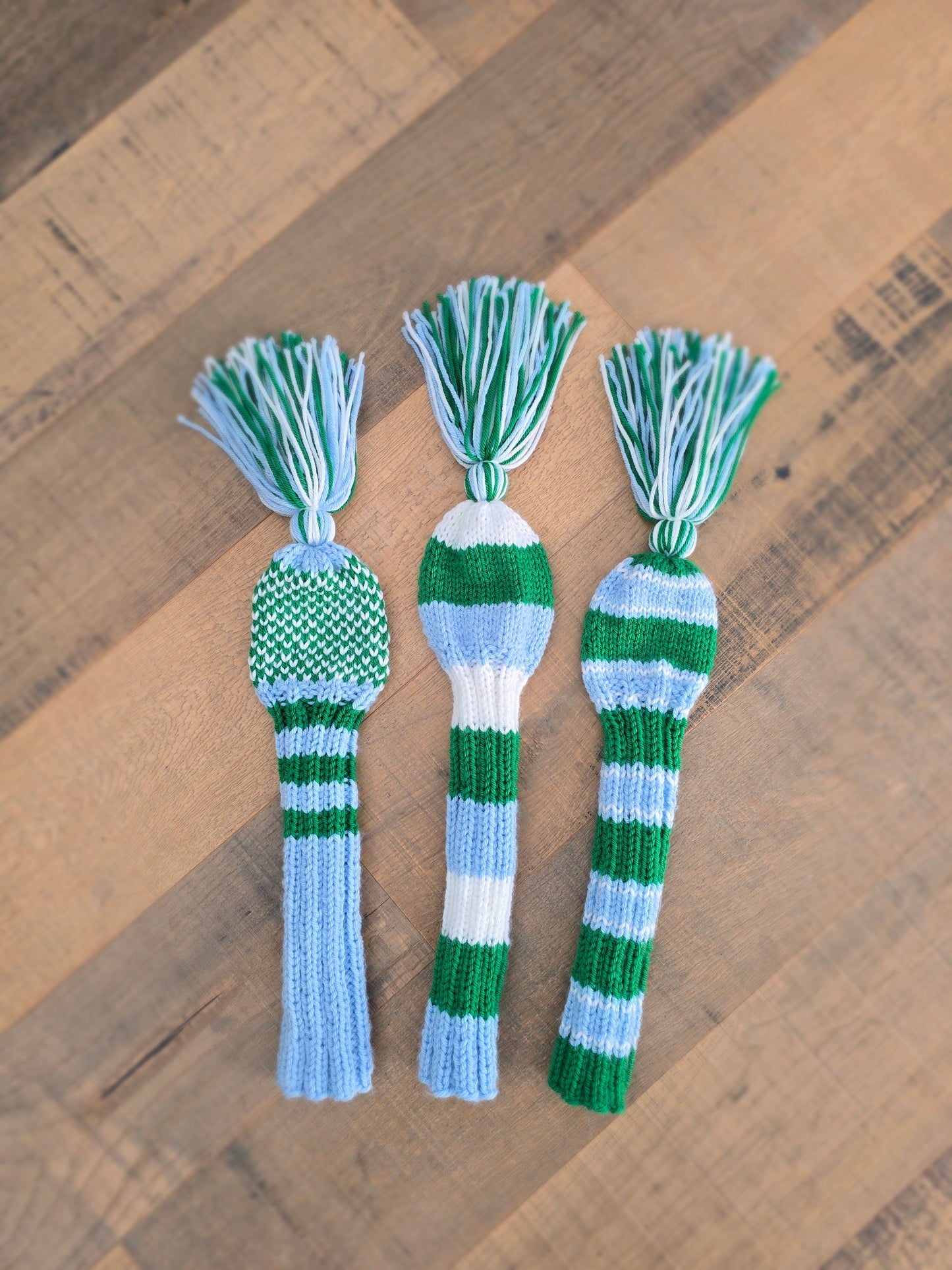 Three Golf Club Head Covers Retro-Vintage Blue, Green & White with Tassels for Drivers, Woods